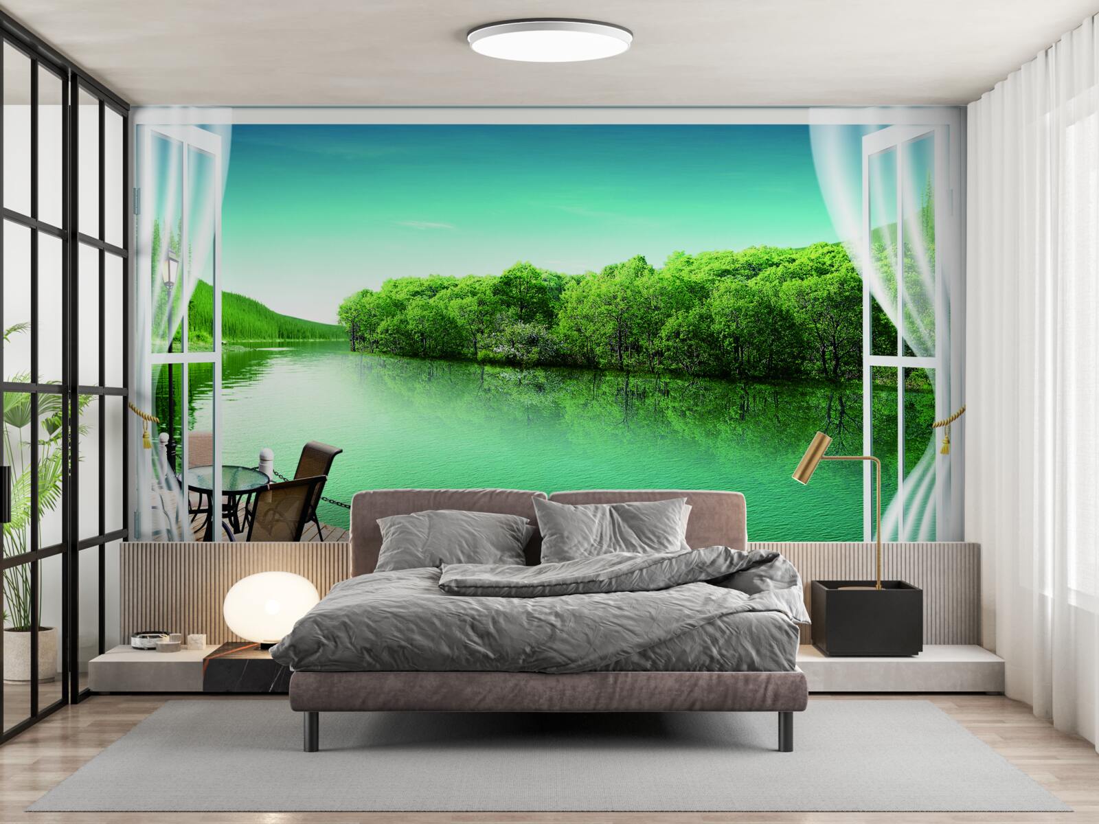 Fototapeta terasa pri zelenkastom jazierku