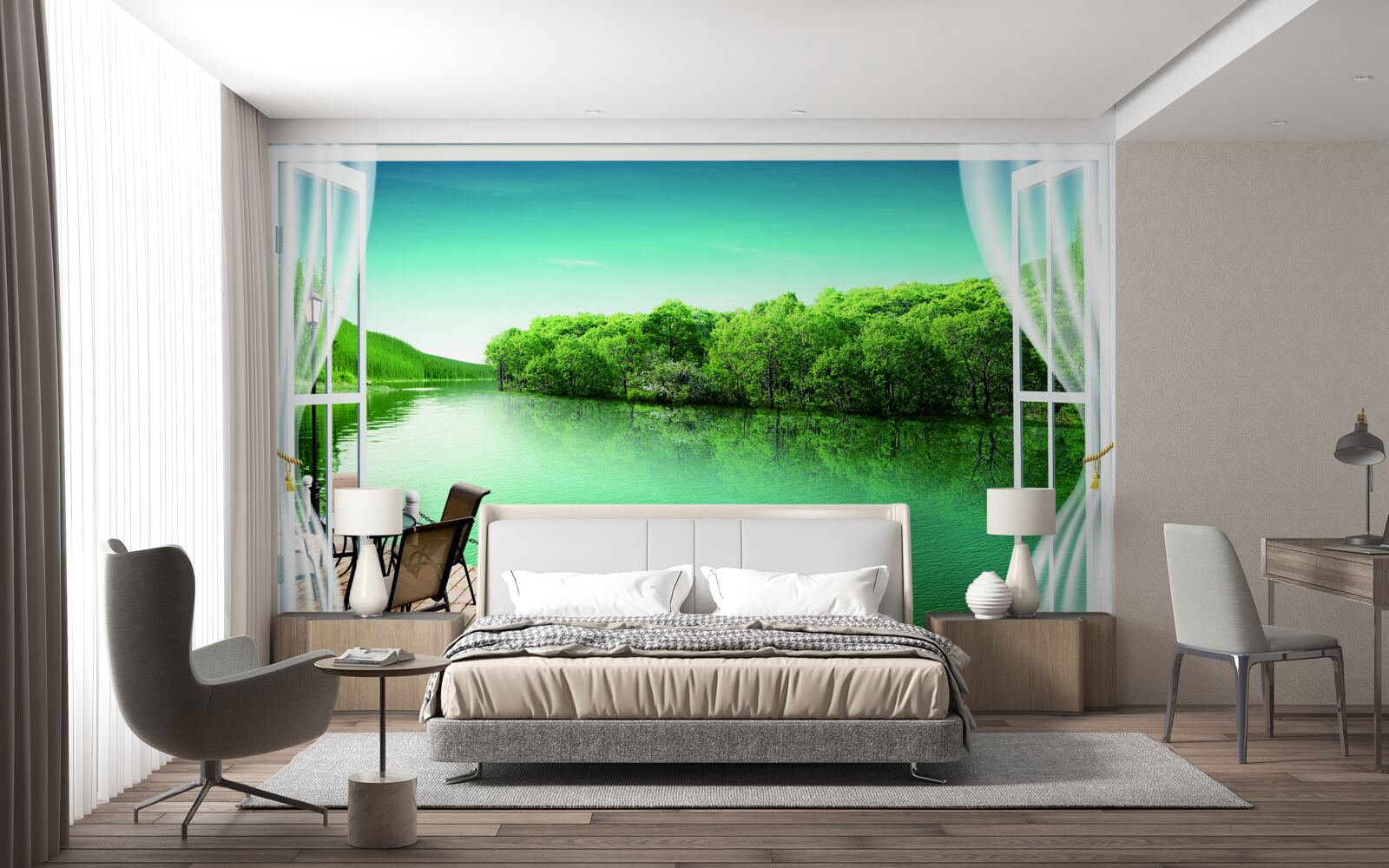 Fototapeta terasa pri zelenkastom jazierku