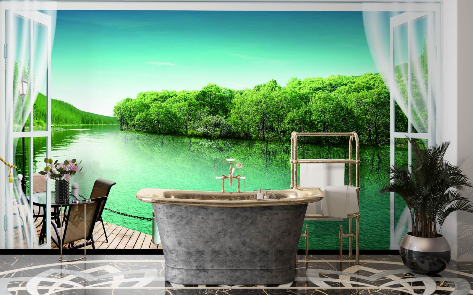 Fototapeta terasa pri zelenkastom jazierku