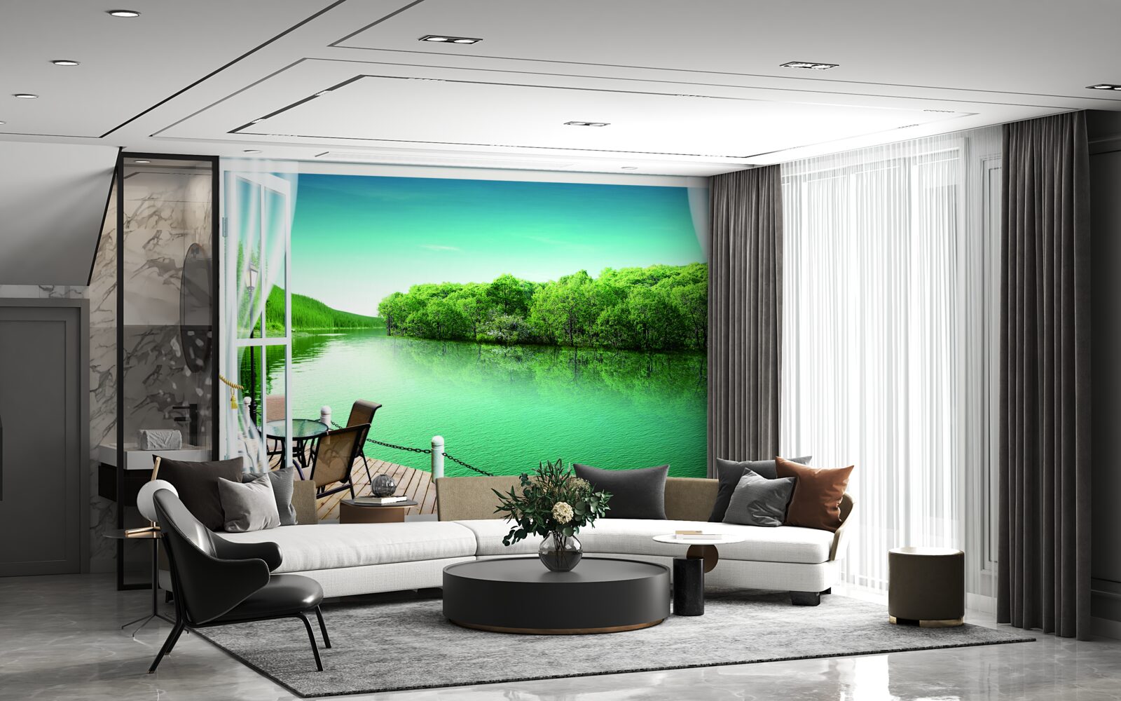 Fototapeta terasa pri zelenkastom jazierku