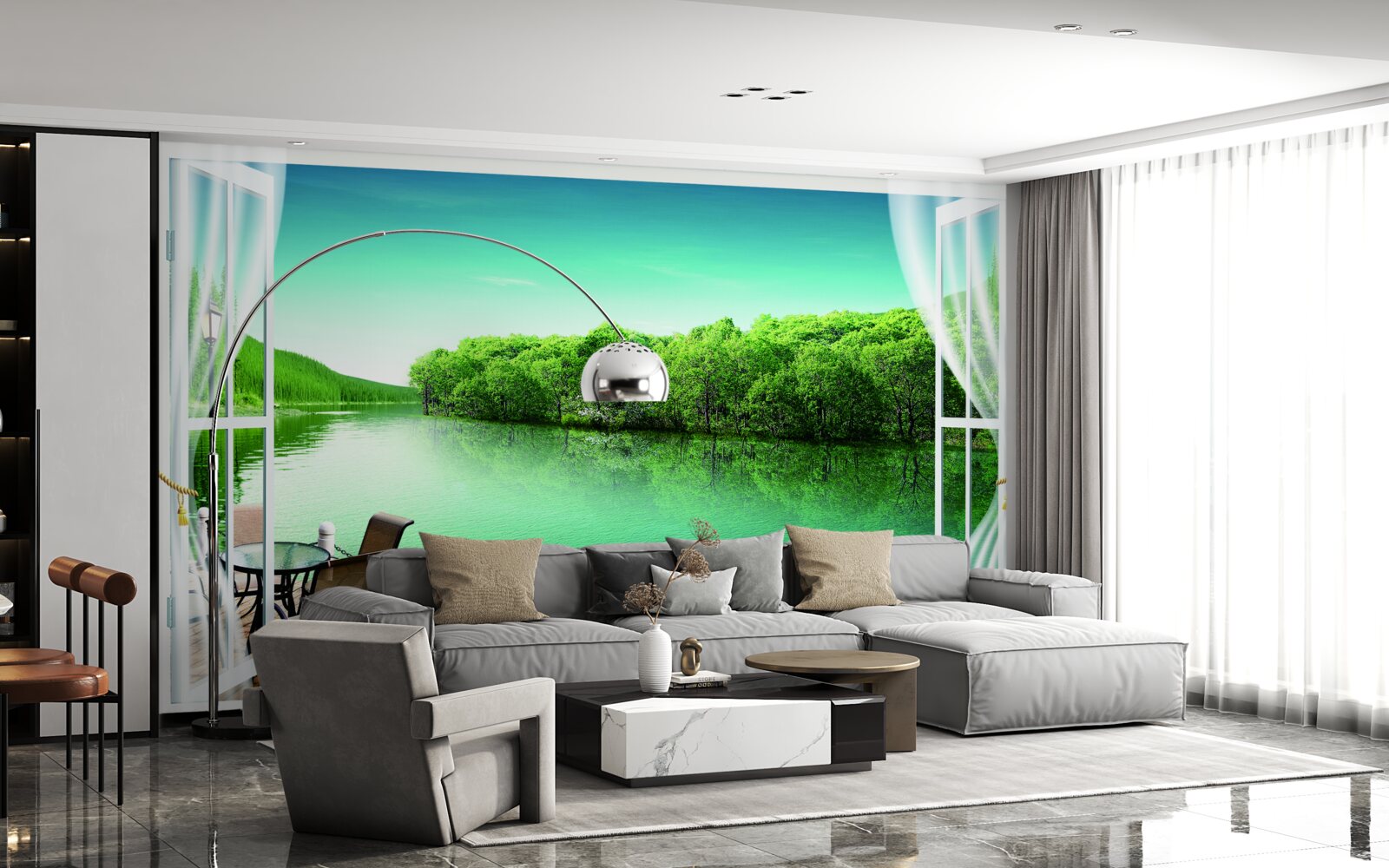 Fototapeta terasa pri zelenkastom jazierku