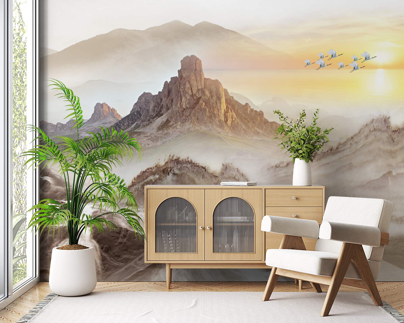 Fototapeta západ slnka pod horami prechádzajúci so žeriavmi