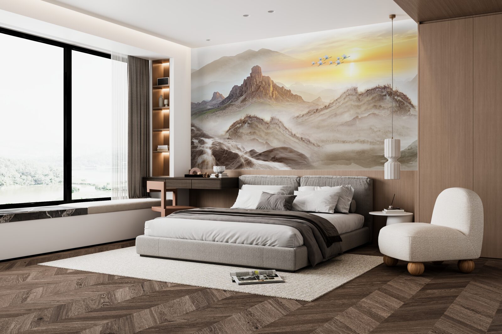 Fototapeta západ slnka pod horami prechádzajúci so žeriavmi