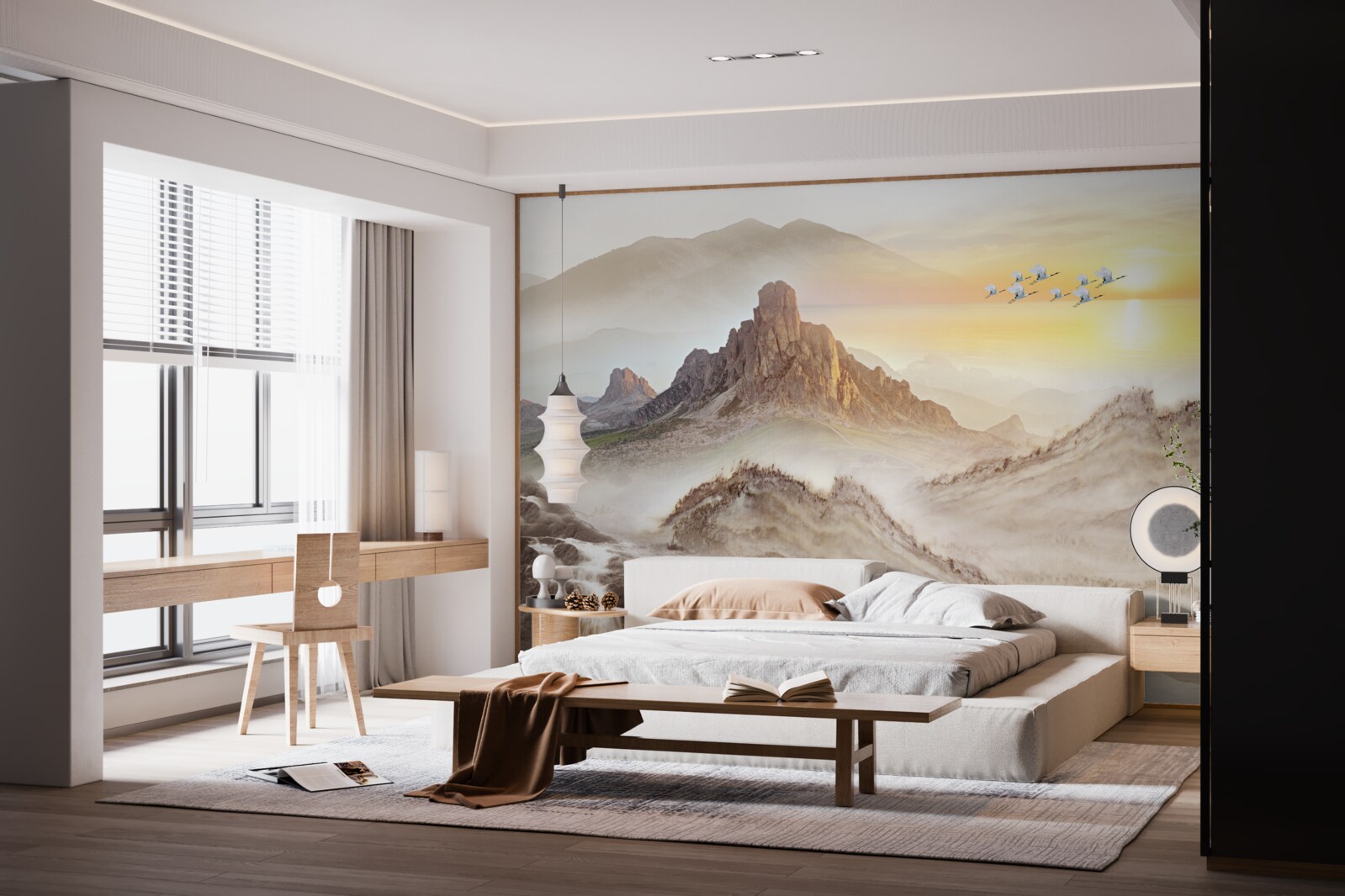 Fototapeta západ slnka pod horami prechádzajúci so žeriavmi