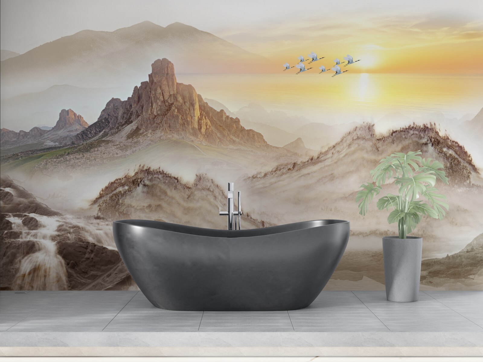 Fototapeta západ slnka pod horami prechádzajúci so žeriavmi