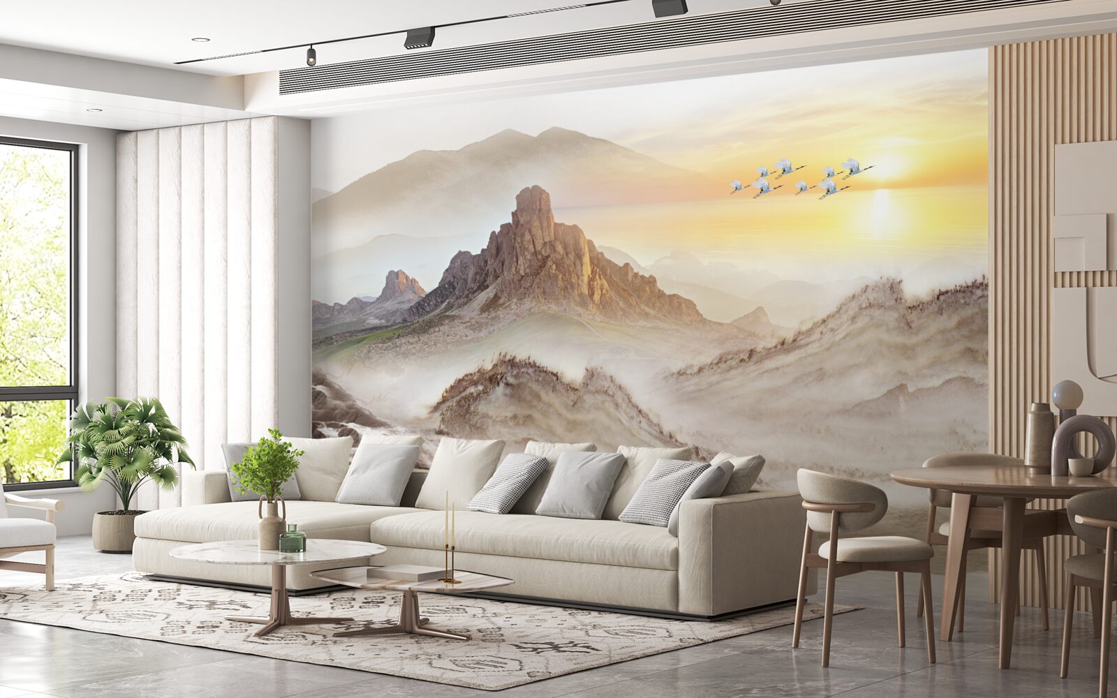 Fototapeta západ slnka pod horami prechádzajúci so žeriavmi