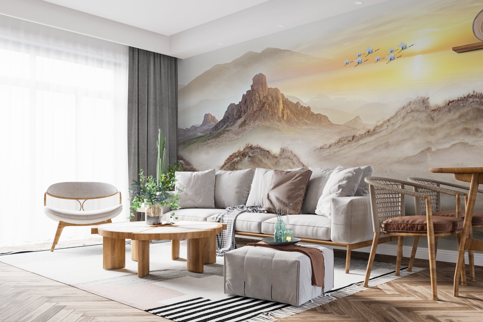 Fototapeta západ slnka pod horami prechádzajúci so žeriavmi