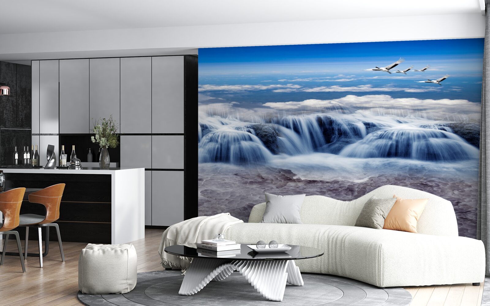 Fototapeta vodopád, nad ktorým sa vznášajú vtáky