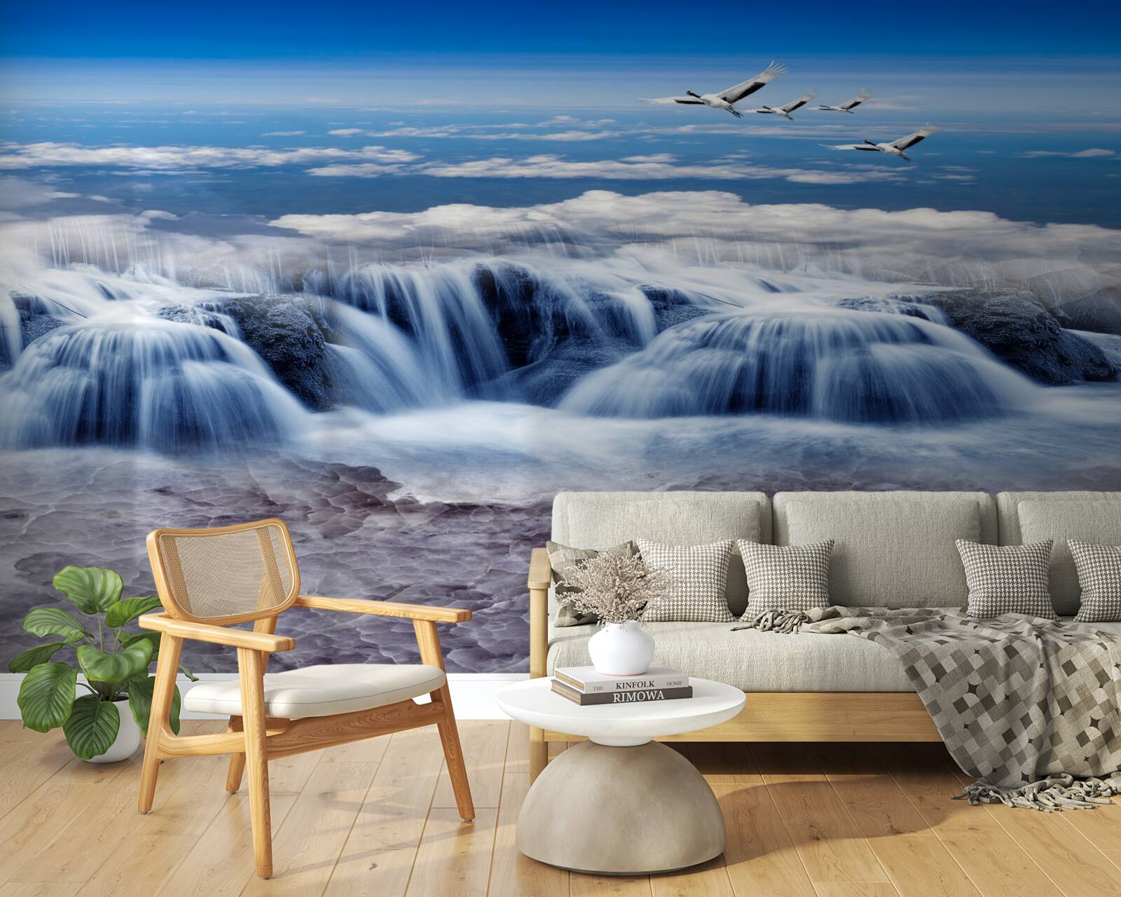 Fototapeta vodopád, nad ktorým sa vznášajú vtáky