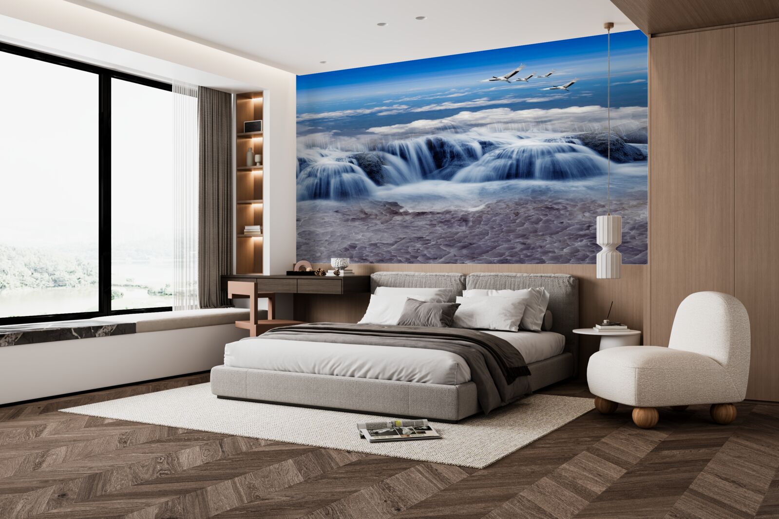 Fototapeta vodopád, nad ktorým sa vznášajú vtáky