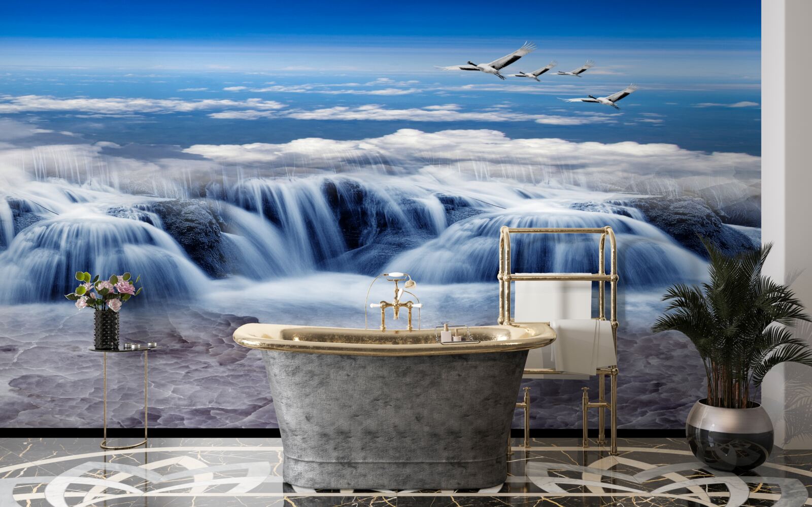 Fototapeta vodopád, nad ktorým sa vznášajú vtáky