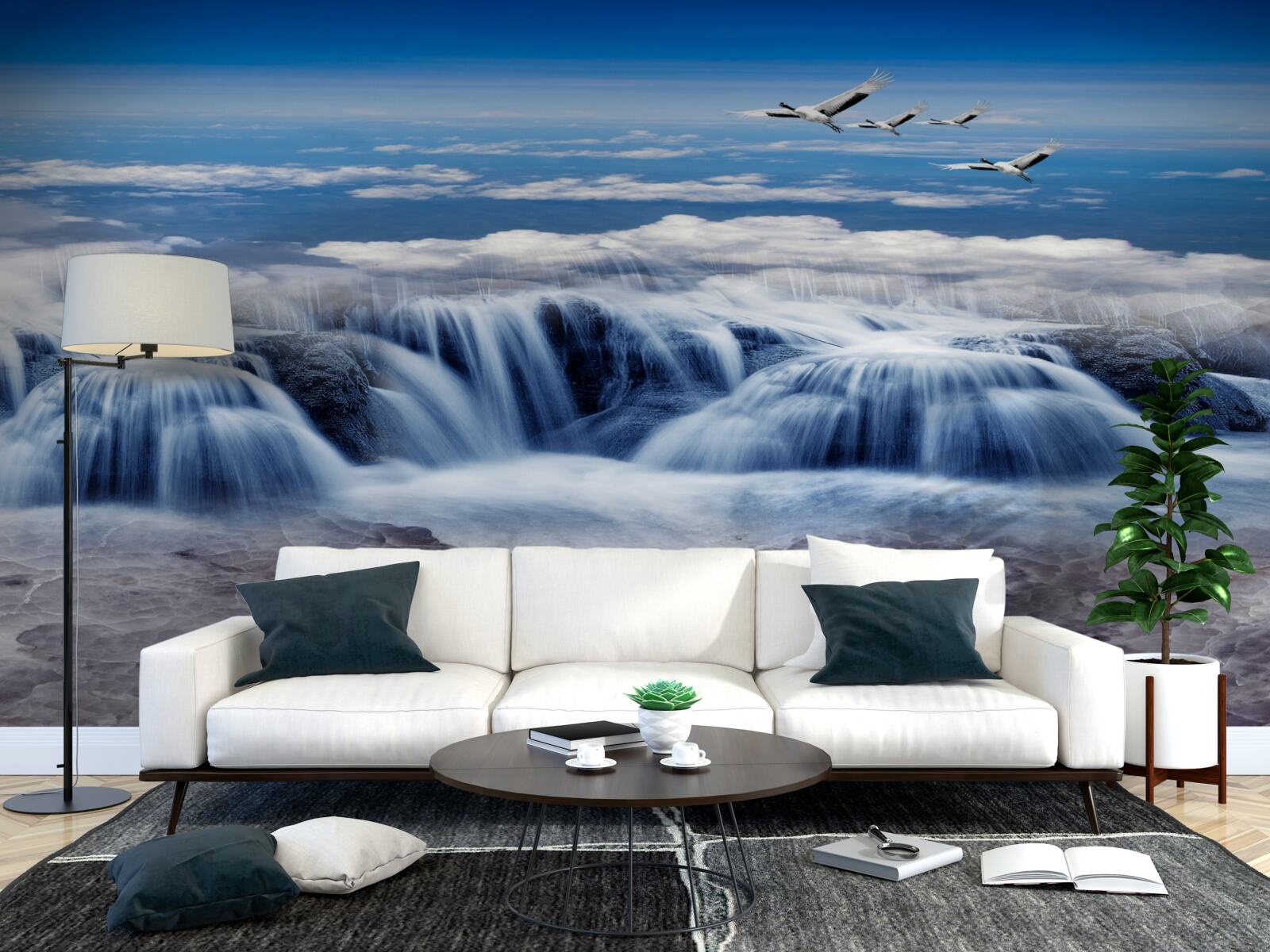 Fototapeta vodopád, nad ktorým sa vznášajú vtáky