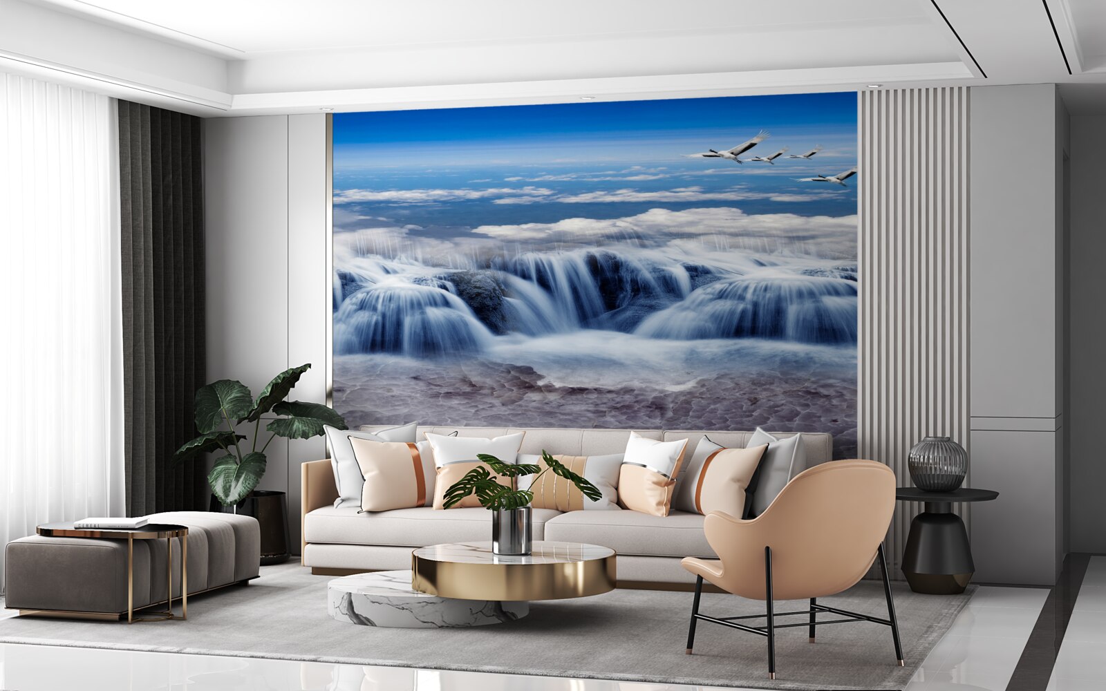 Fototapeta vodopád, nad ktorým sa vznášajú vtáky