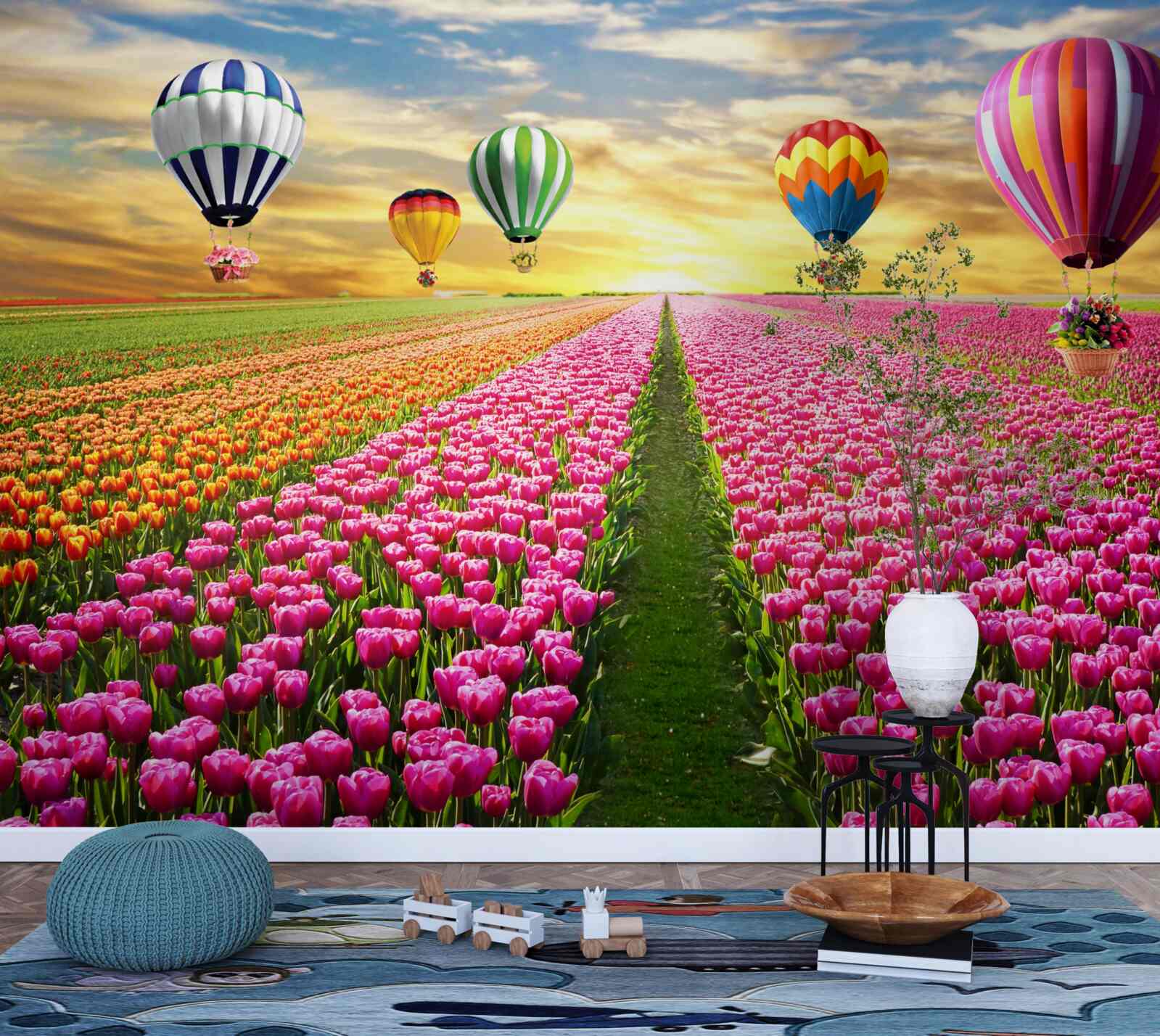 Fototapeta gule stúpajúce nad poľom tulipánov