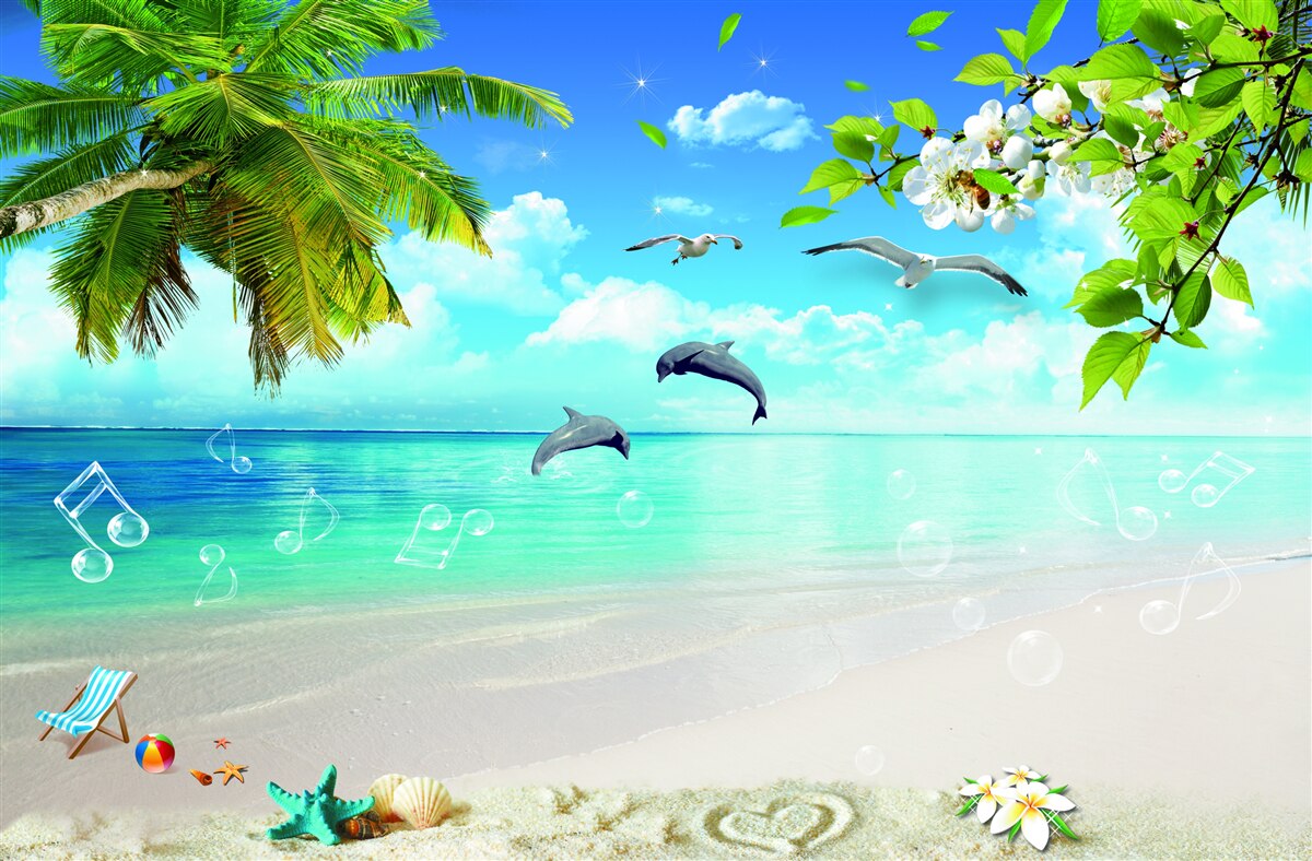 Fototapeta čajky a delfíny na pobreží oceánu