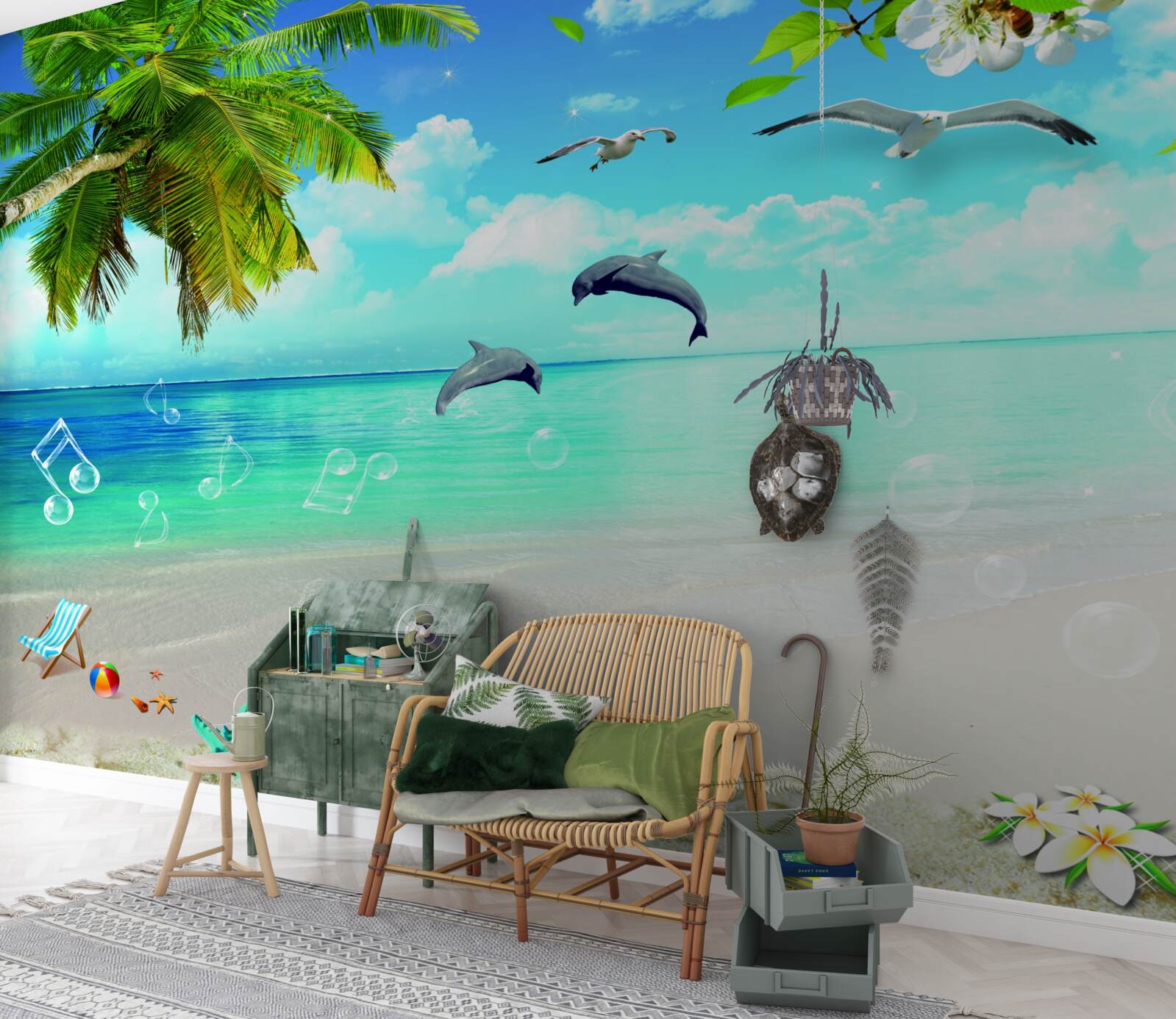 Fototapeta čajky a delfíny na pobreží oceánu