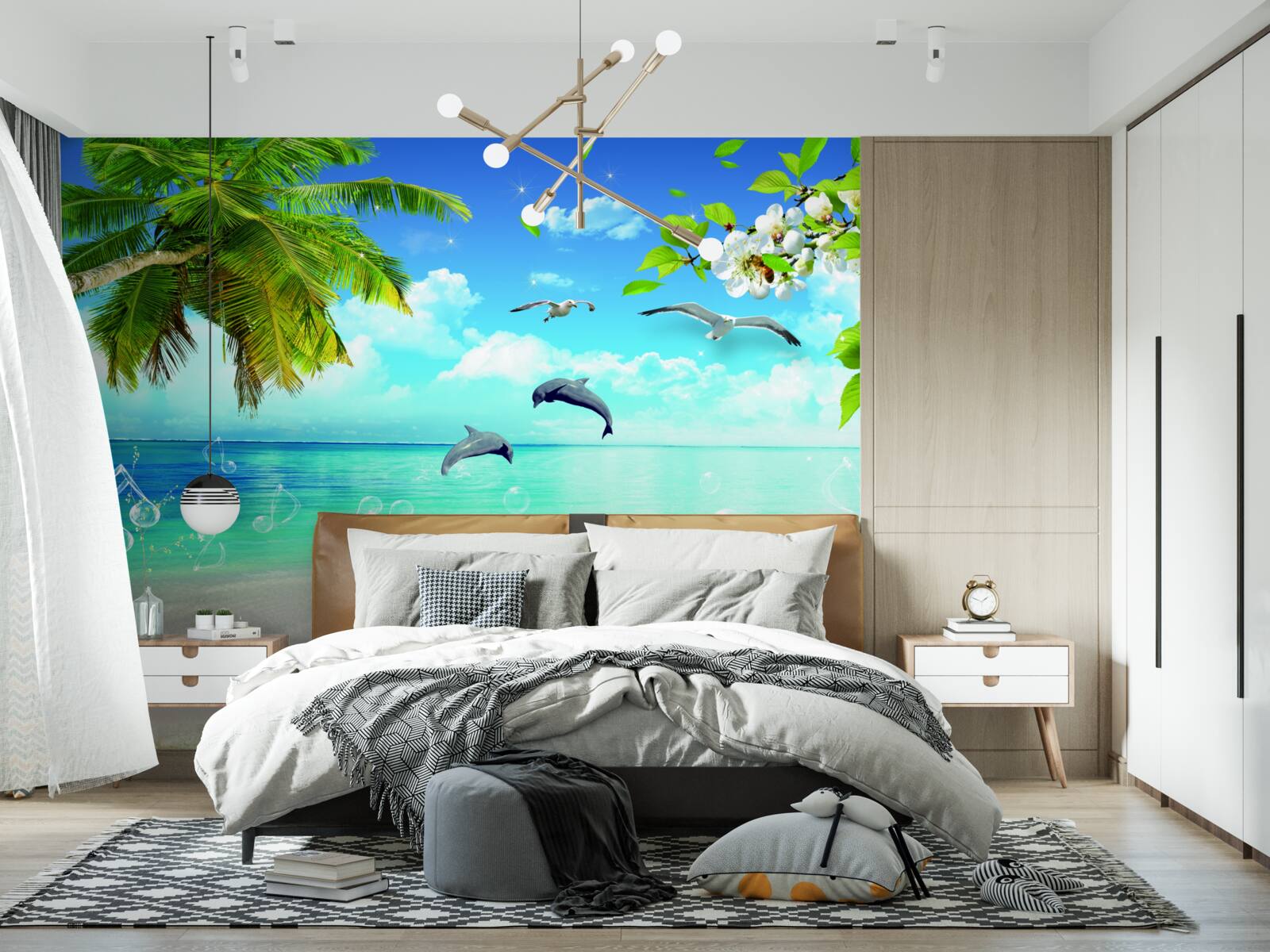 Fototapeta čajky a delfíny na pobreží oceánu