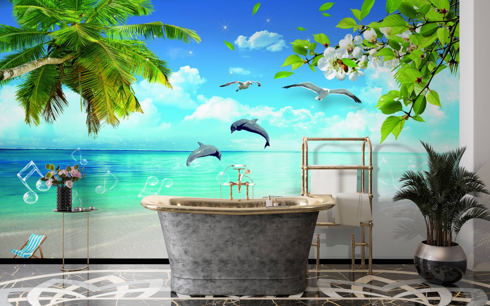 Fototapeta čajky a delfíny na pobreží oceánu