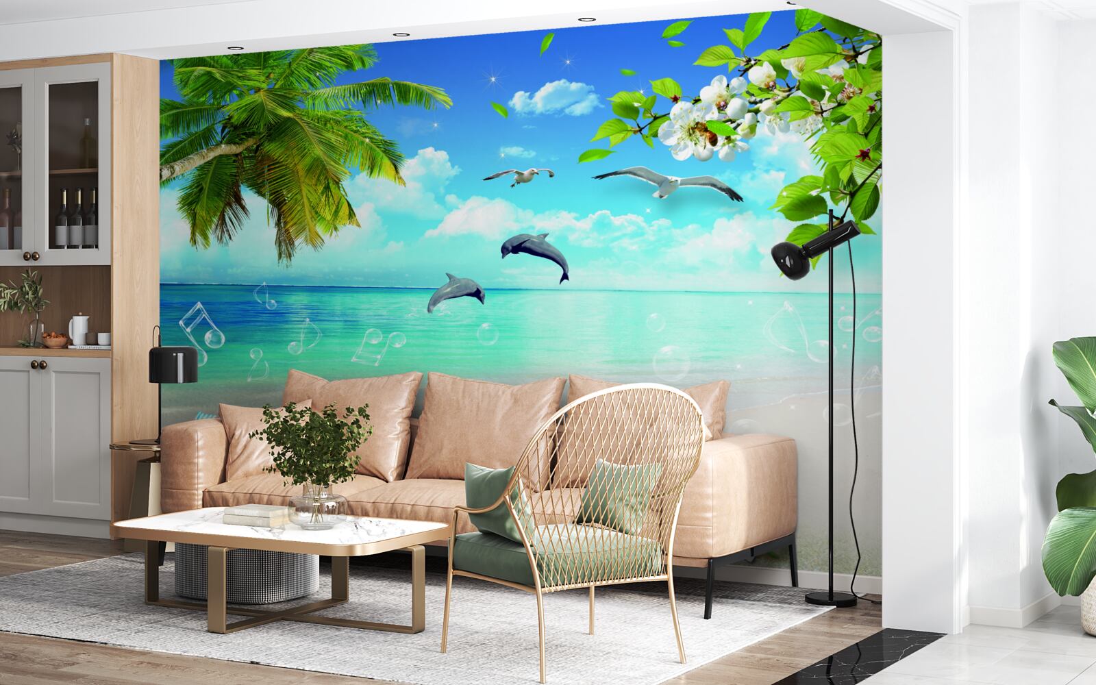 Fototapeta čajky a delfíny na pobreží oceánu