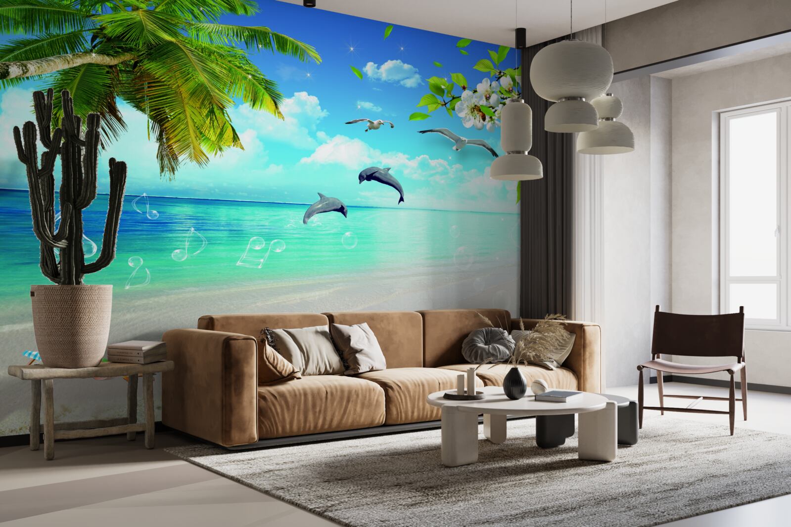 Fototapeta čajky a delfíny na pobreží oceánu