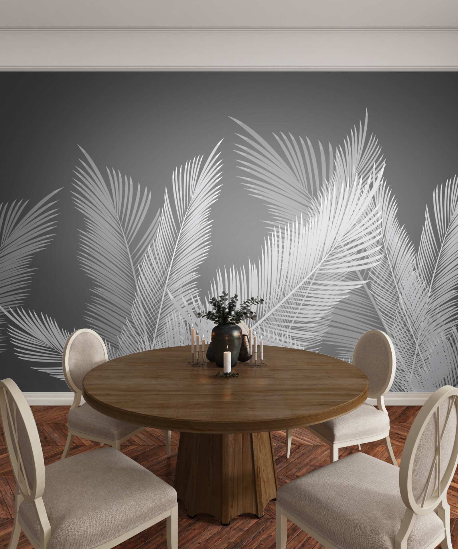 Fototapeta pierko sa kĺže po bielych listoch na sivom podklade