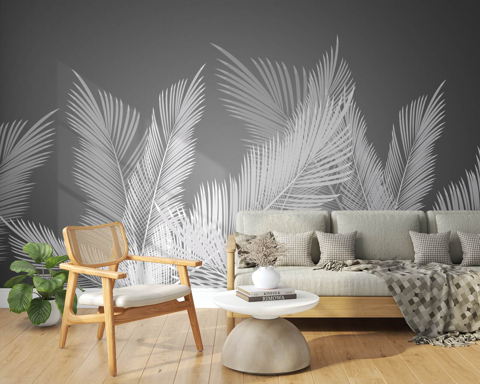 Fototapeta pierko sa kĺže po bielych listoch na sivom podklade