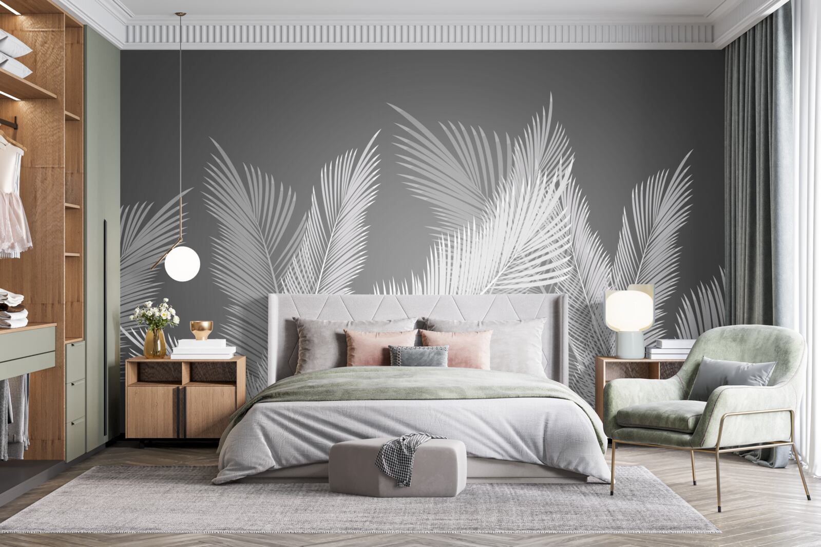 Fototapeta pierko sa kĺže po bielych listoch na sivom podklade