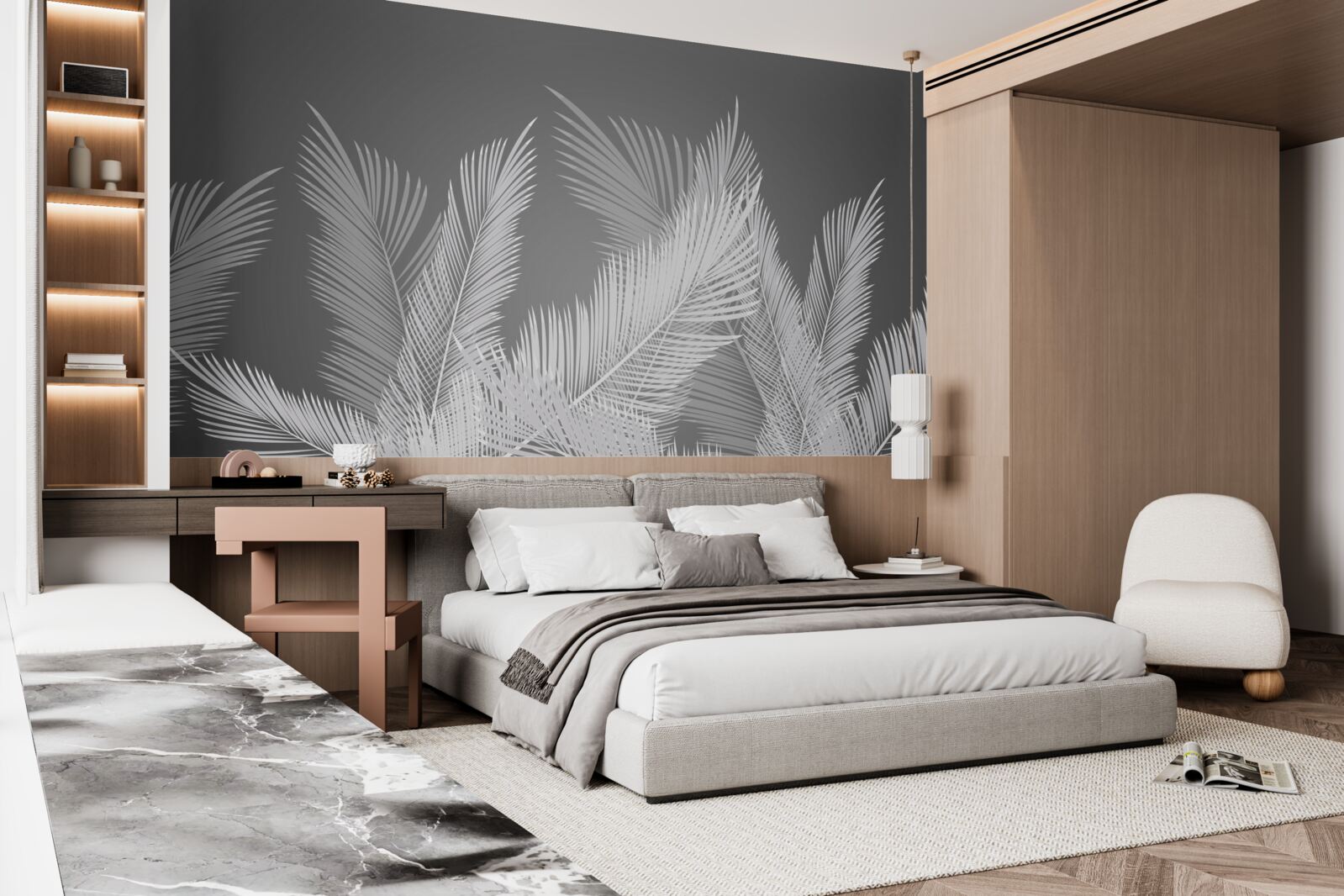 Fototapeta pierko sa kĺže po bielych listoch na sivom podklade