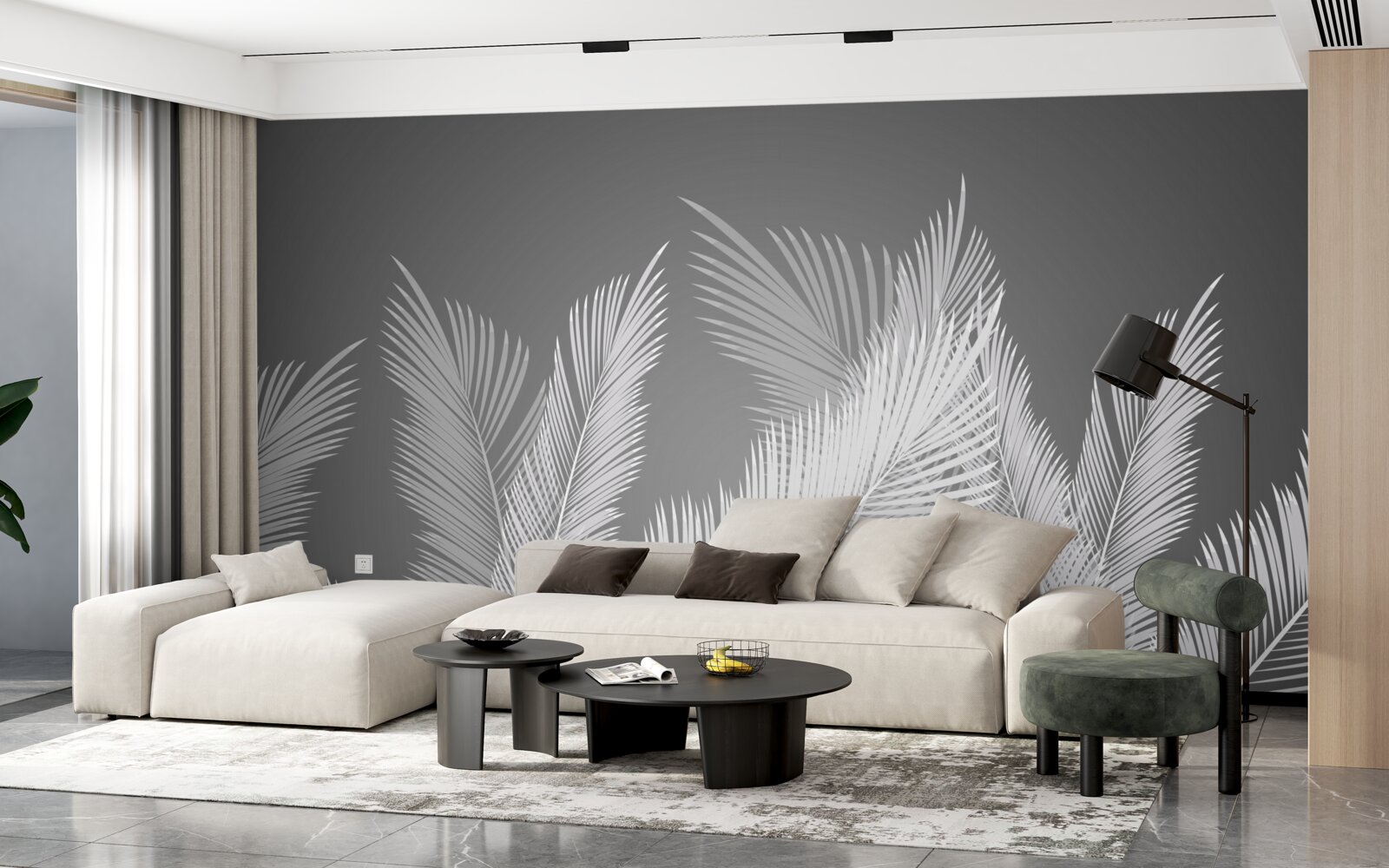 Fototapeta pierko sa kĺže po bielych listoch na sivom podklade