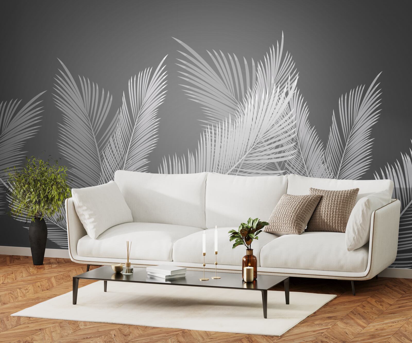 Fototapeta pierko sa kĺže po bielych listoch na sivom podklade