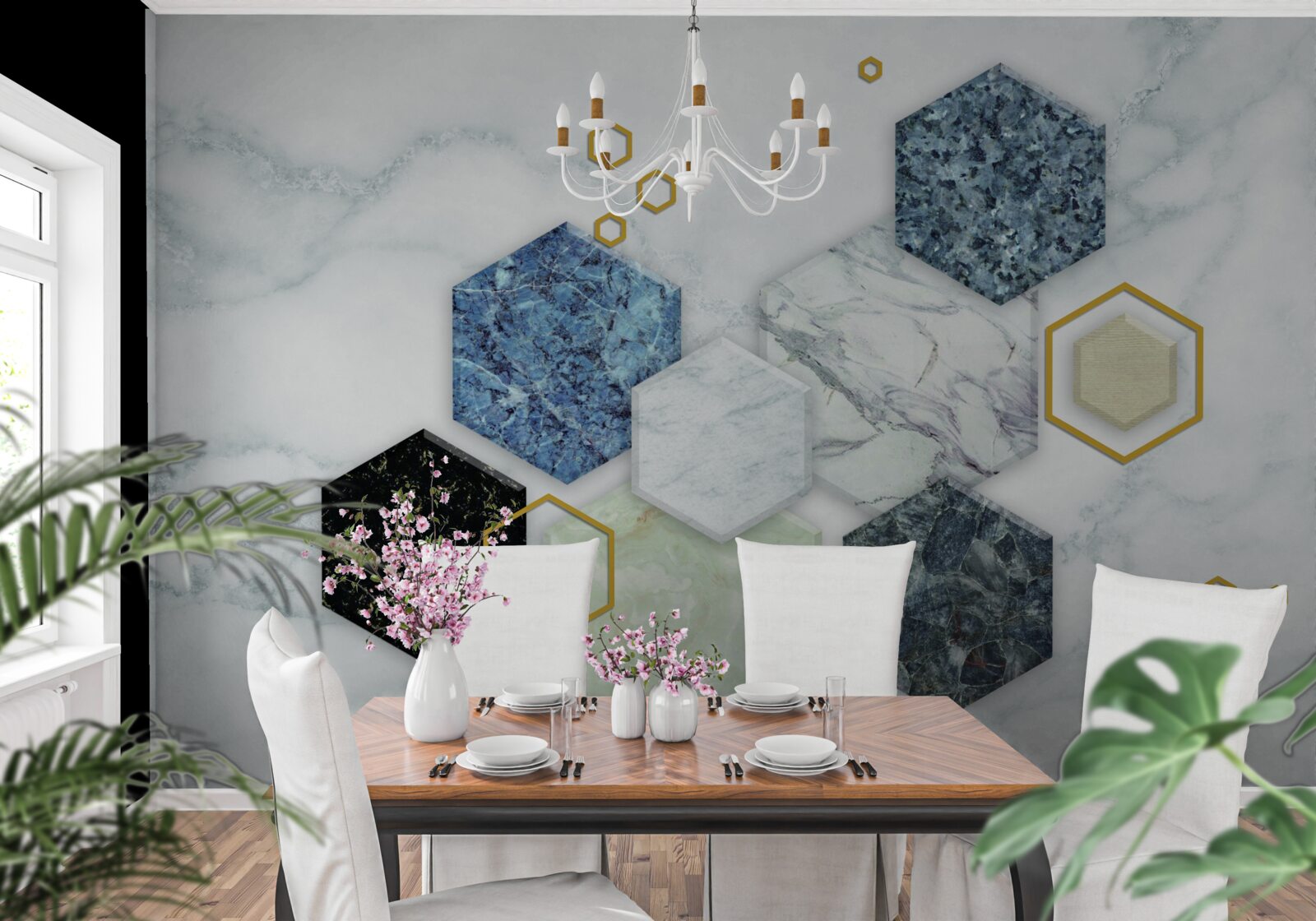 Fototapeta päťuholníkové mozaiky na bielom mramorovom pozadí