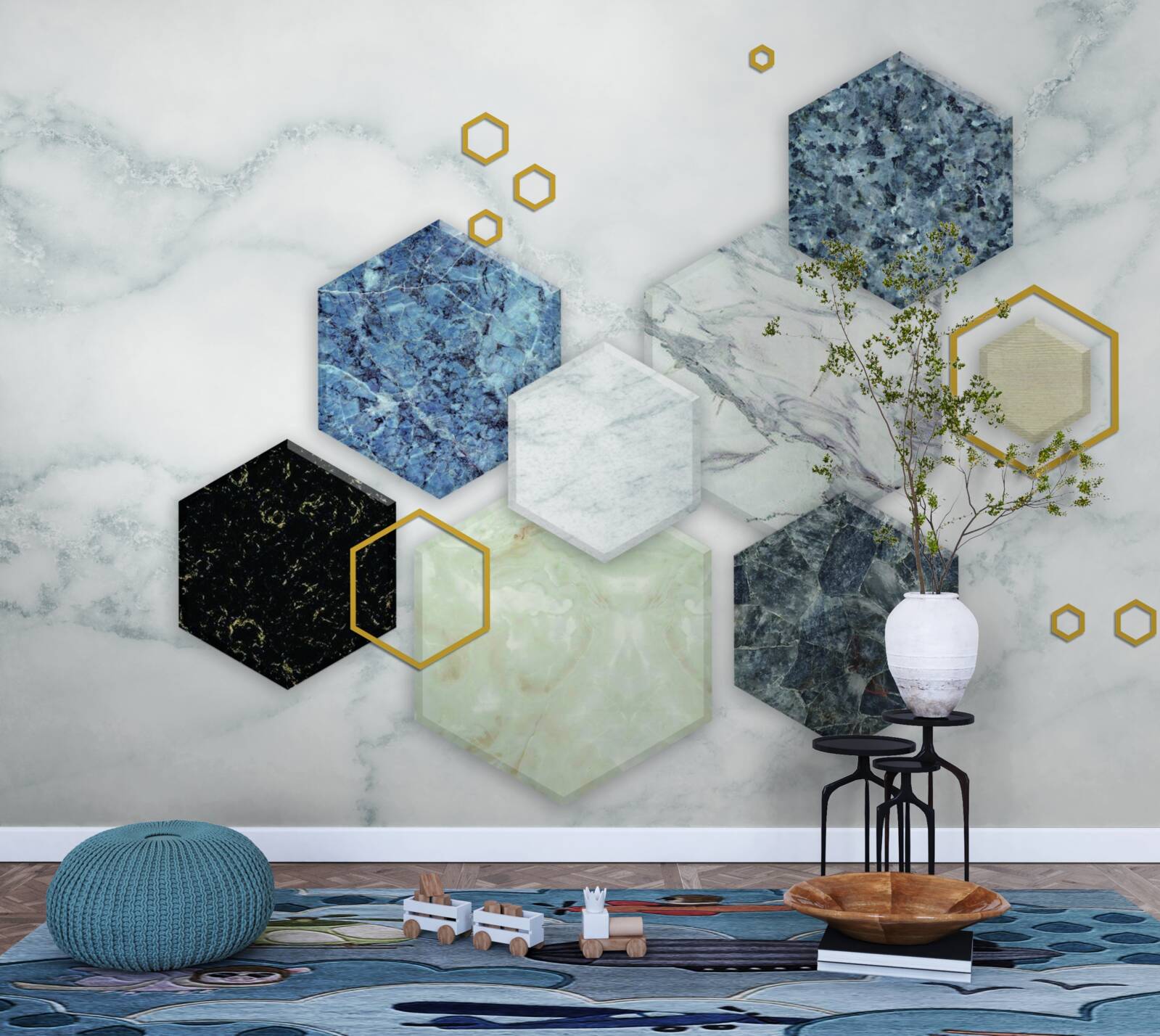 Fototapeta päťuholníkové mozaiky na bielom mramorovom pozadí