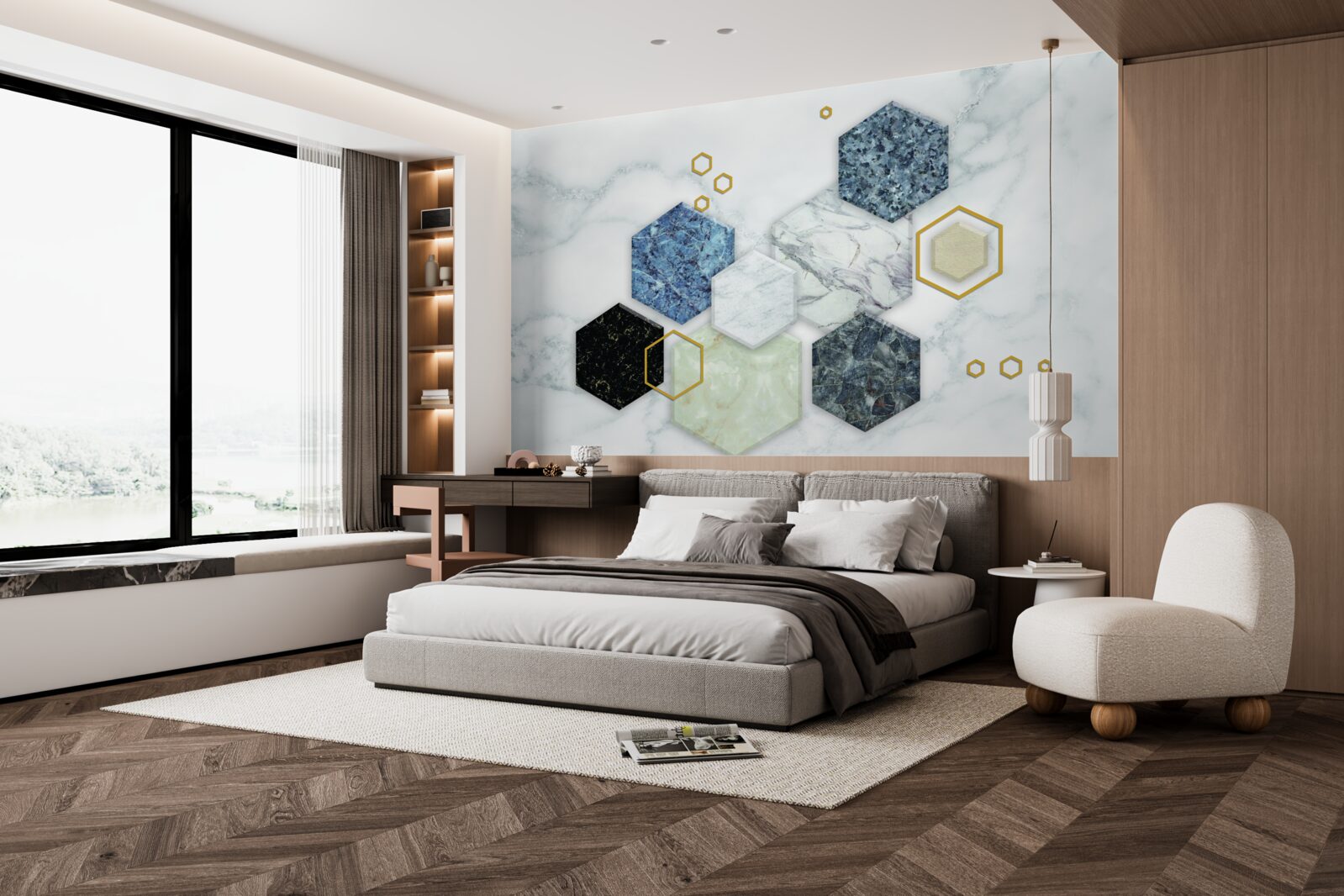 Fototapeta päťuholníkové mozaiky na bielom mramorovom pozadí