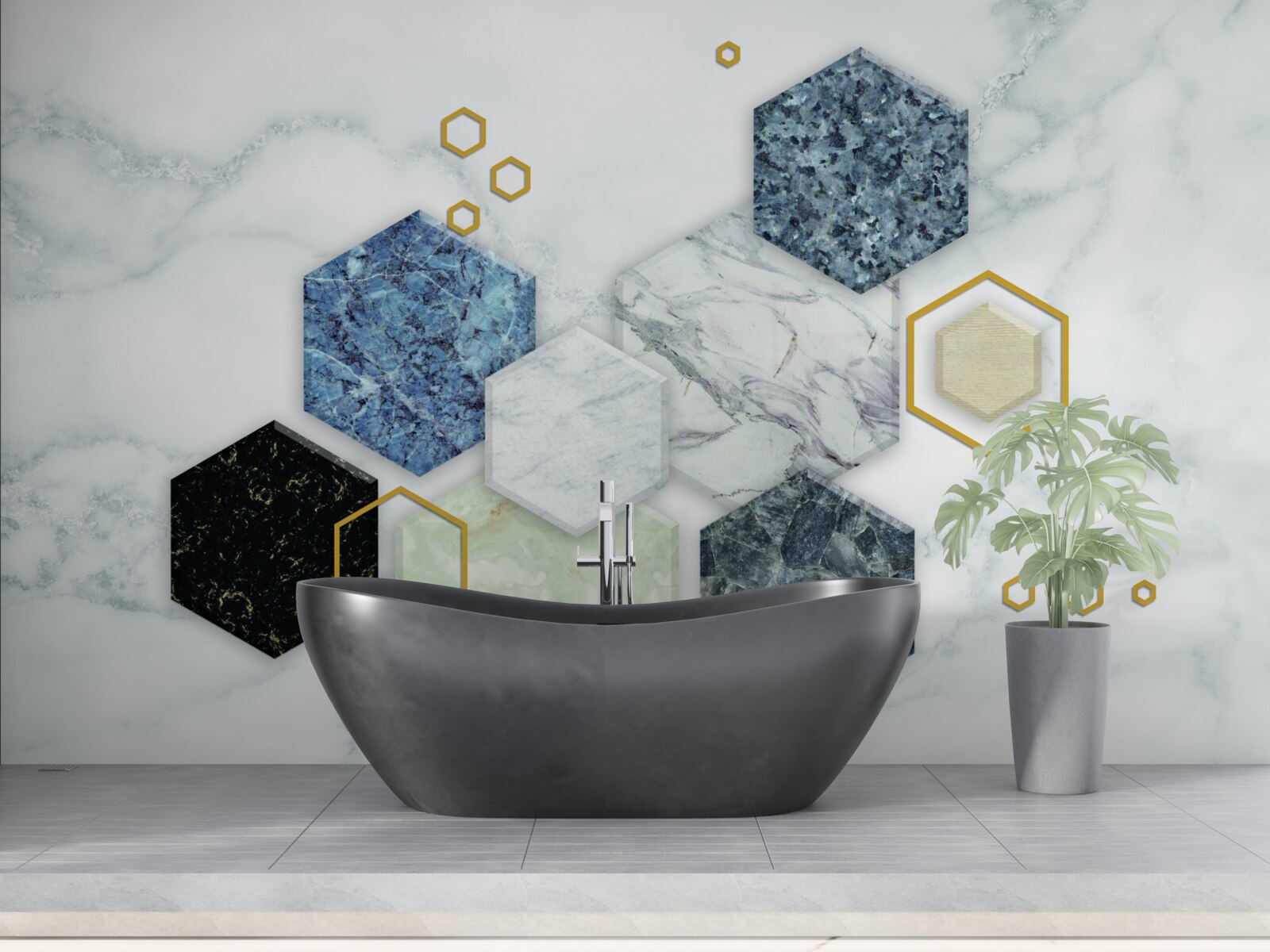 Fototapeta päťuholníkové mozaiky na bielom mramorovom pozadí