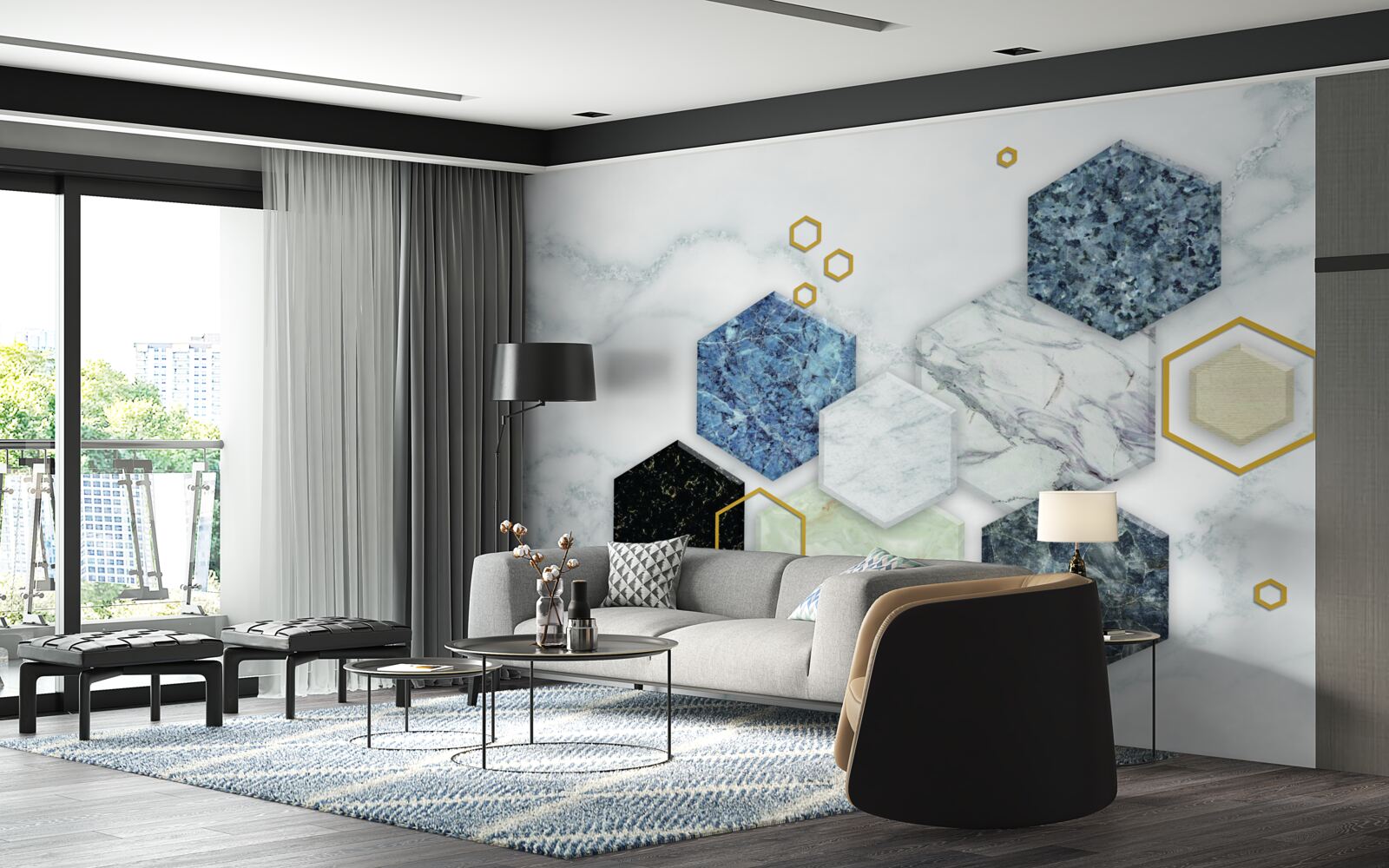 Fototapeta päťuholníkové mozaiky na bielom mramorovom pozadí