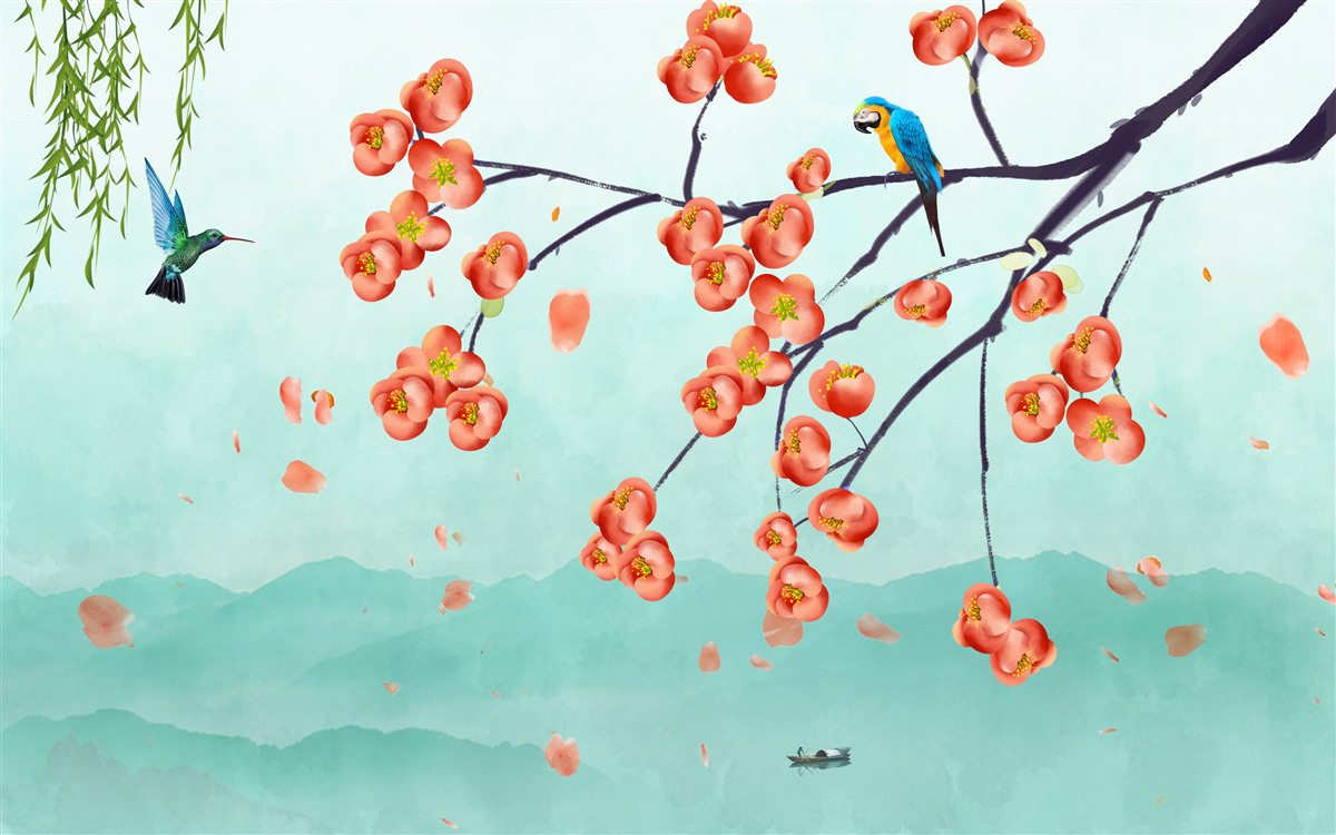 Fototapeta hory obklopujú krásu japonských čerešňových kvetov