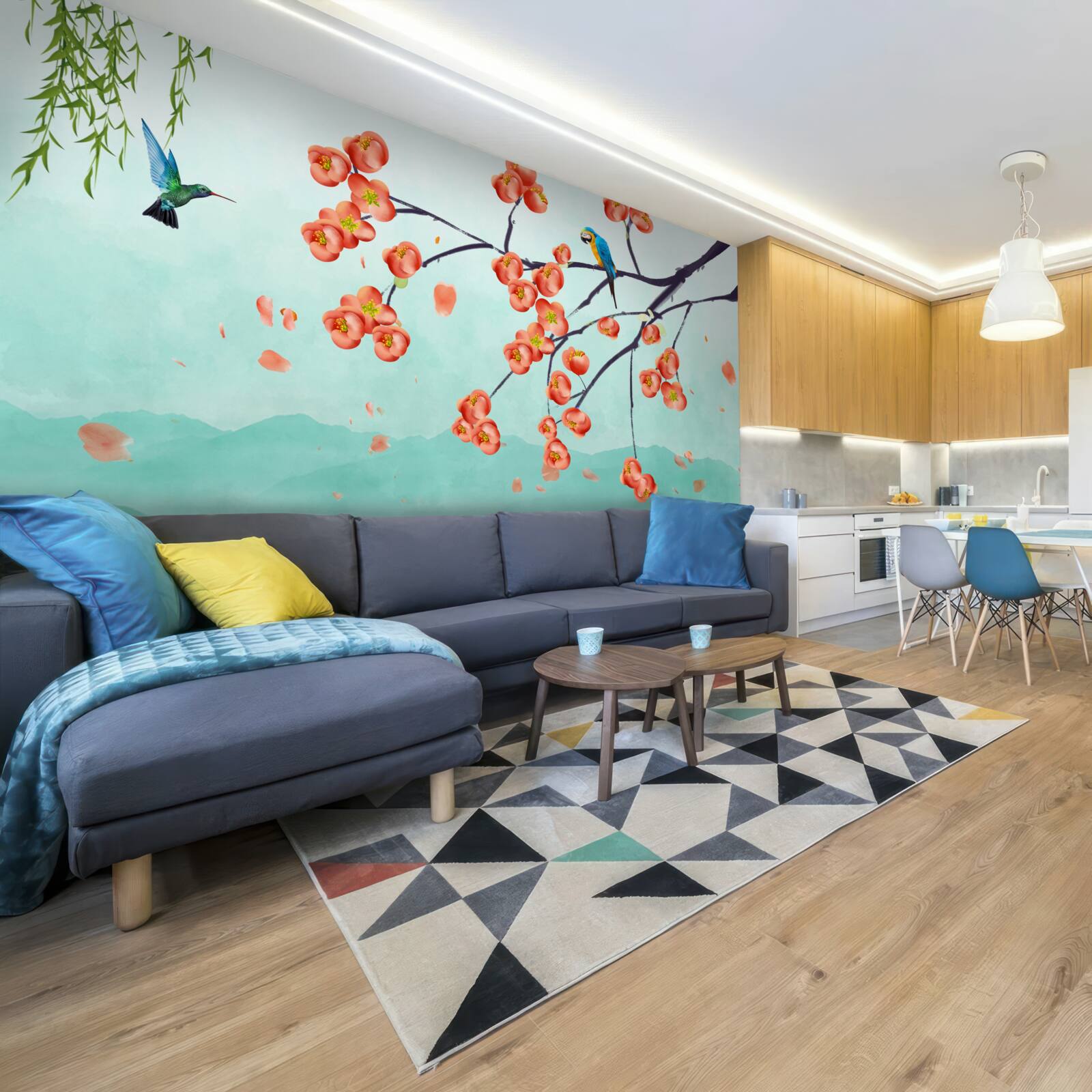 Fototapeta hory obklopujú krásu japonských čerešňových kvetov