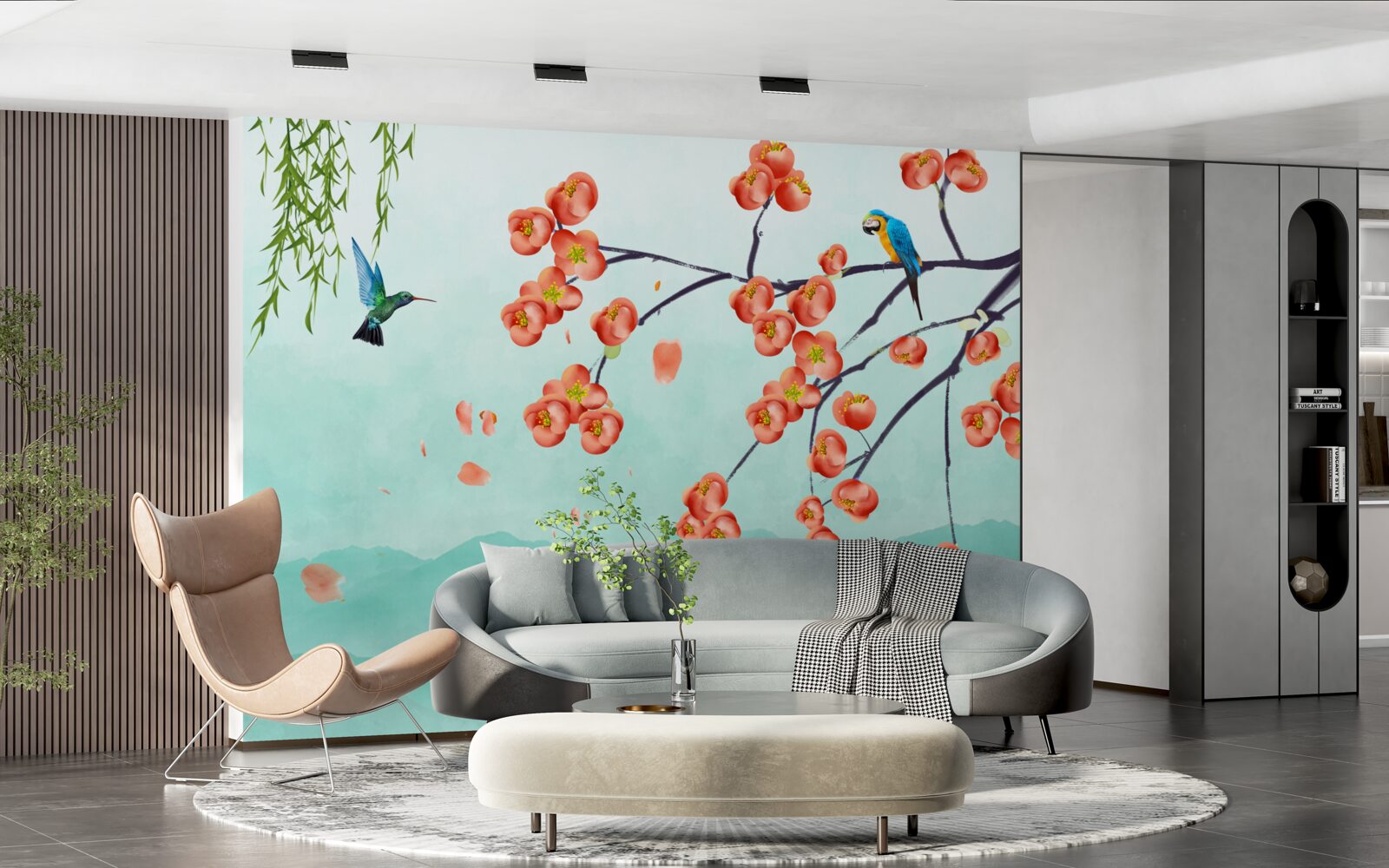 Fototapeta hory obklopujú krásu japonských čerešňových kvetov