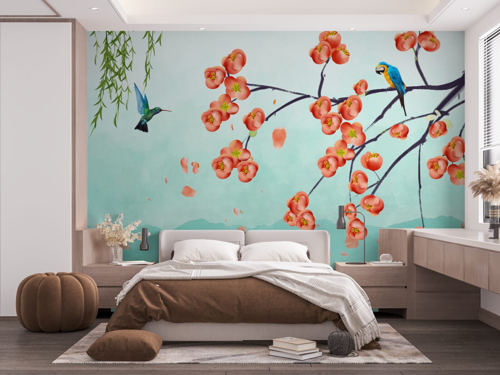 Fototapeta hory obklopujú krásu japonských čerešňových kvetov