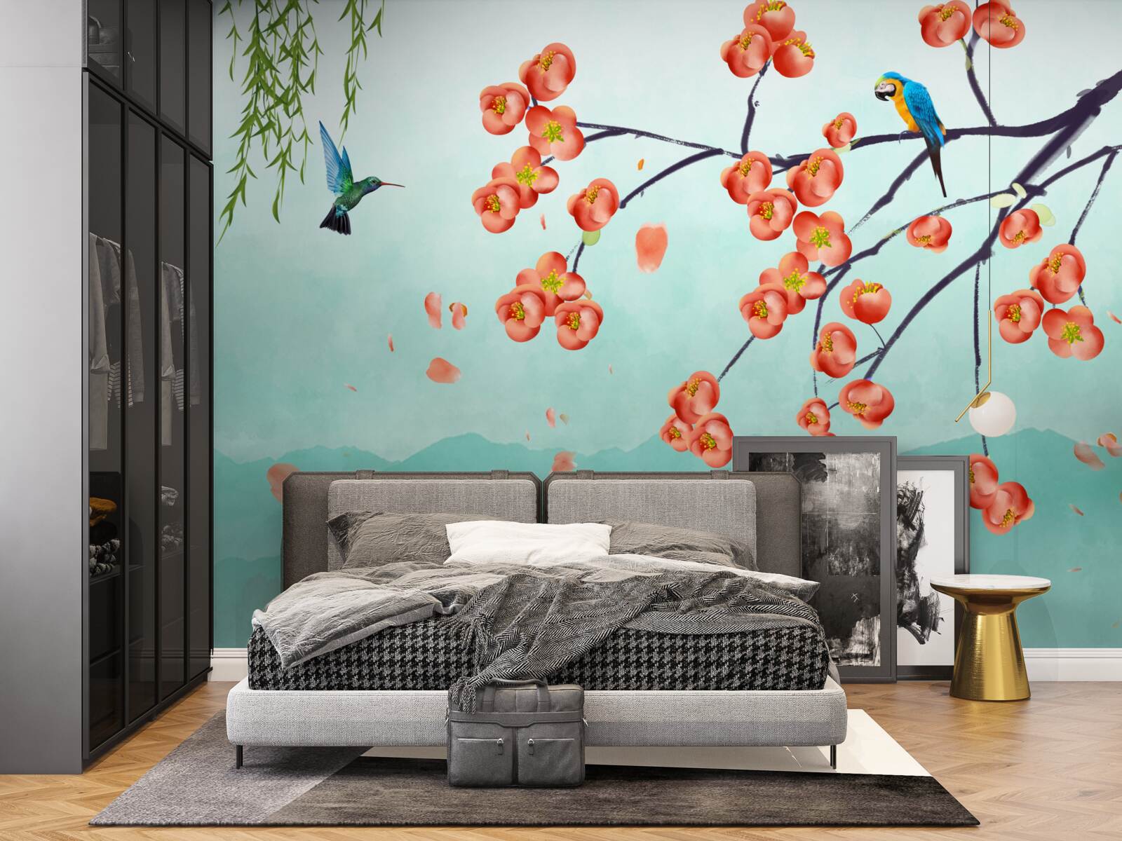 Fototapeta hory obklopujú krásu japonských čerešňových kvetov