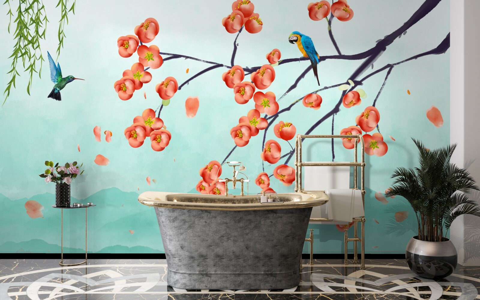 Fototapeta hory obklopujú krásu japonských čerešňových kvetov