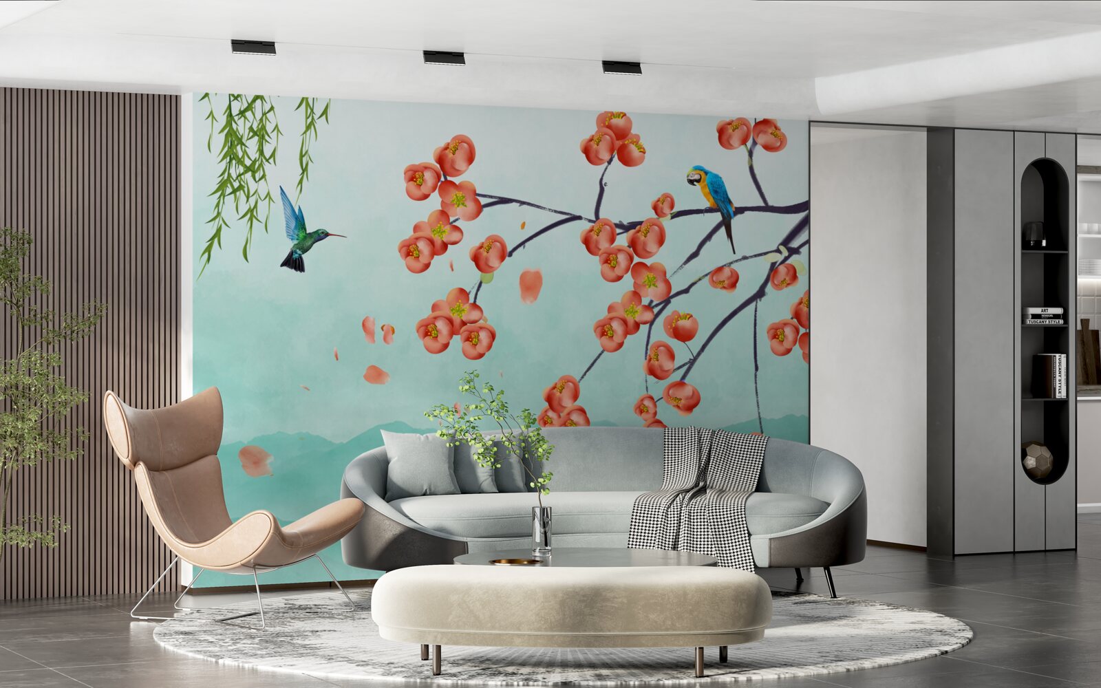 Fototapeta hory obklopujú krásu japonských čerešňových kvetov