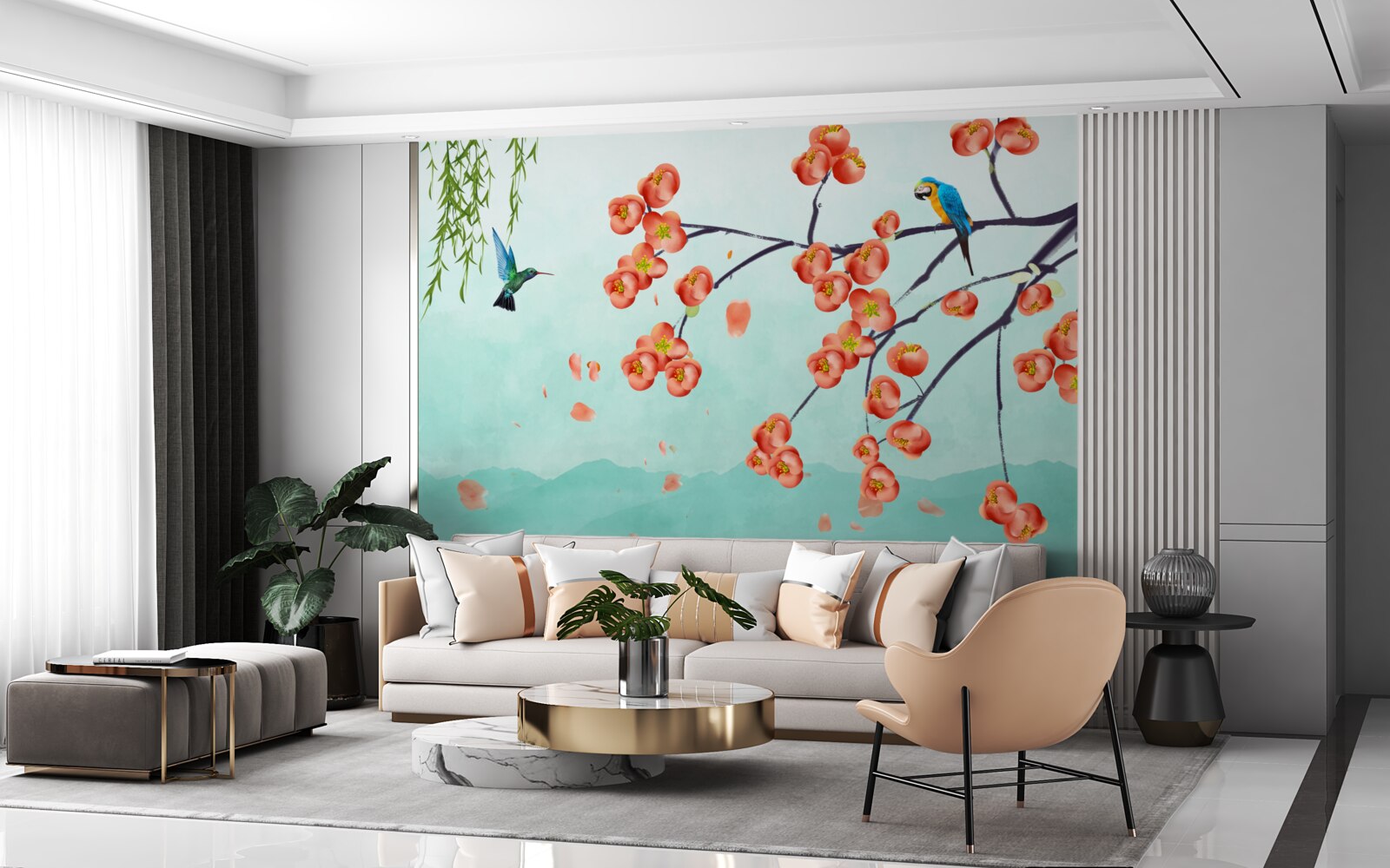 Fototapeta hory obklopujú krásu japonských čerešňových kvetov