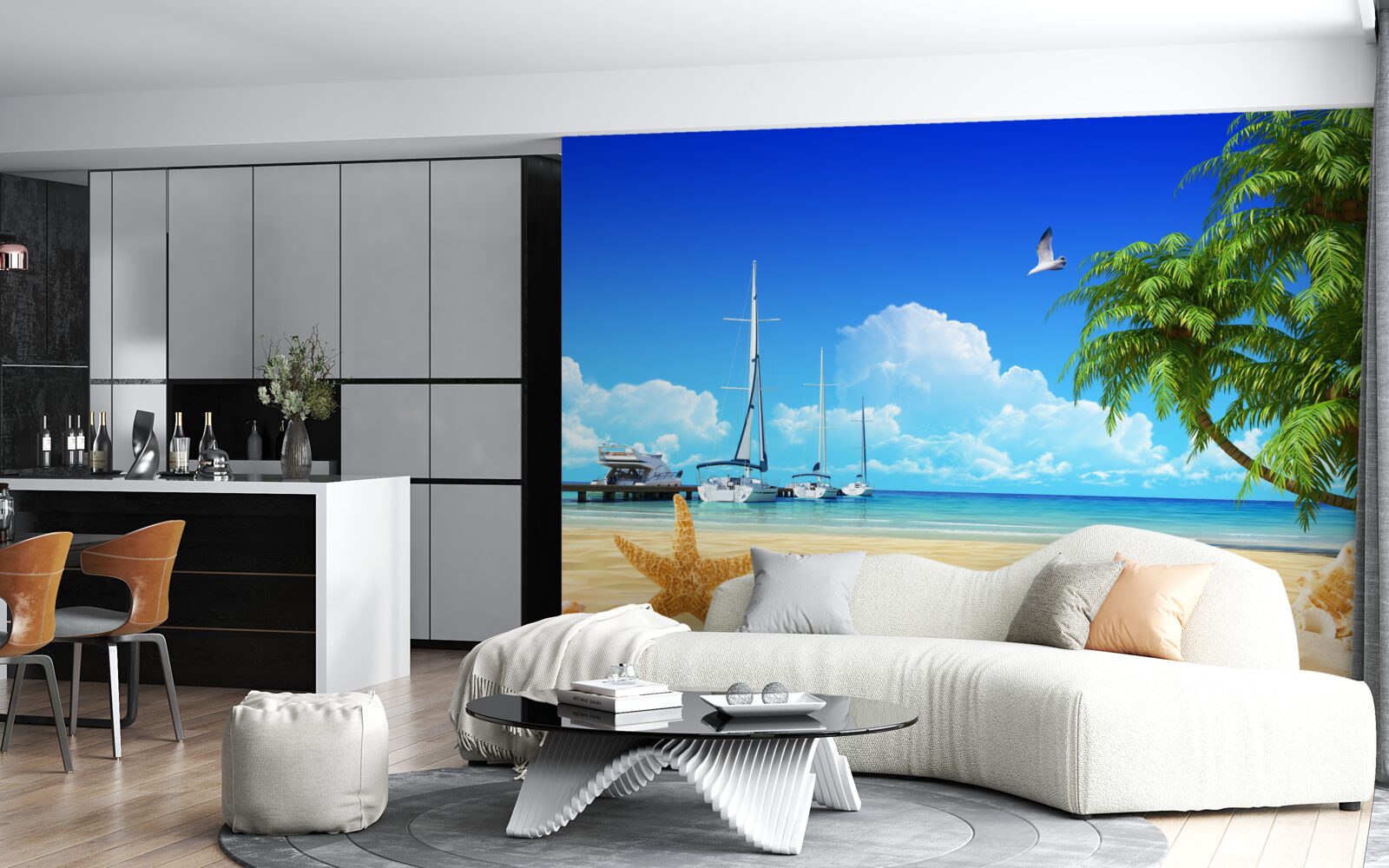 Fototapeta Na móle na pieskovom pobreží sú člny