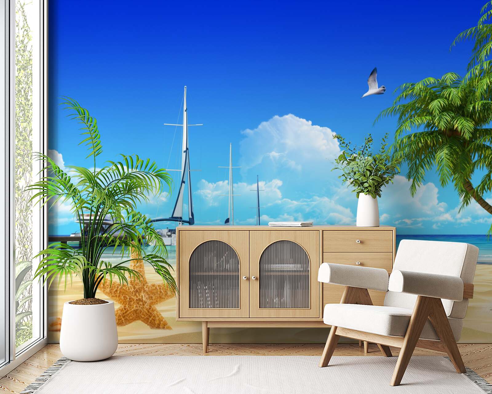 Fototapeta Na móle na pieskovom pobreží sú člny