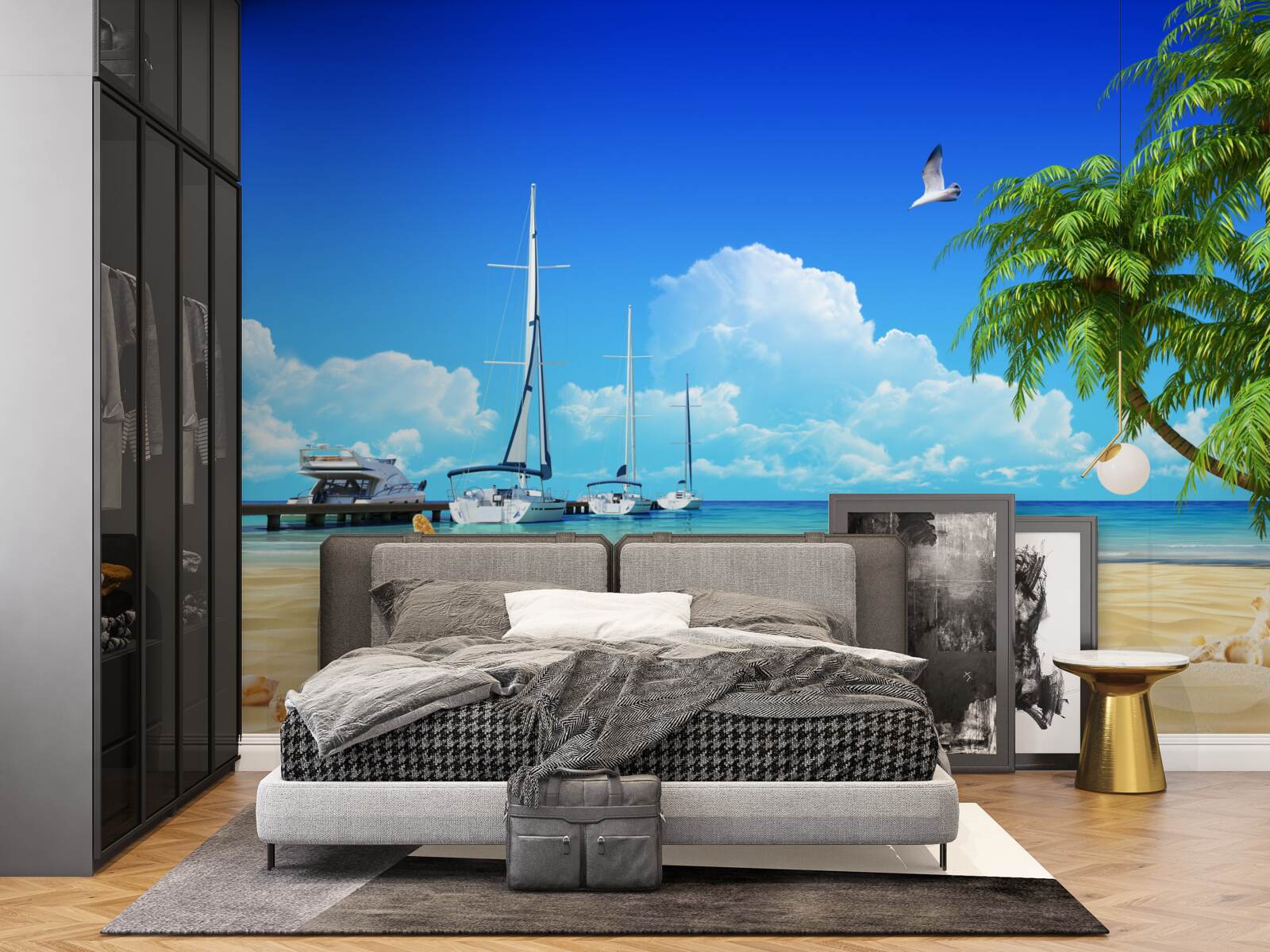 Fototapeta Na móle na pieskovom pobreží sú člny