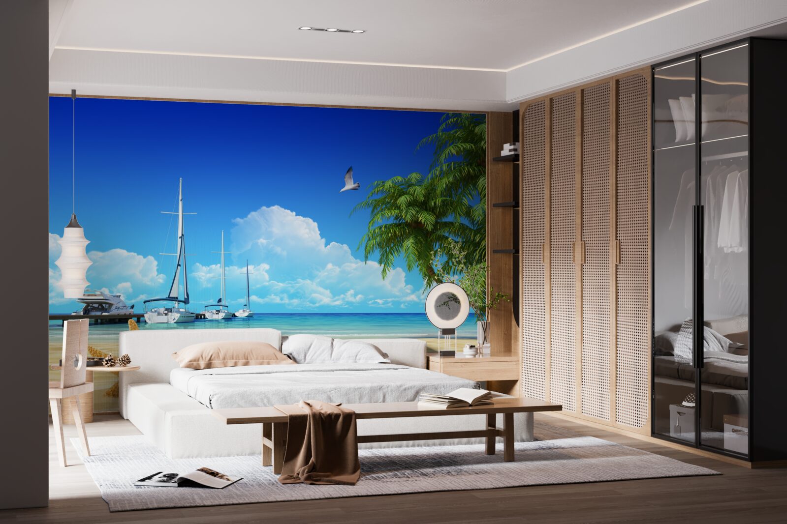 Fototapeta Na móle na pieskovom pobreží sú člny