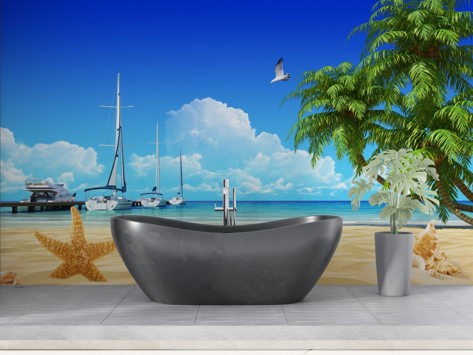 Fototapeta Na móle na pieskovom pobreží sú člny