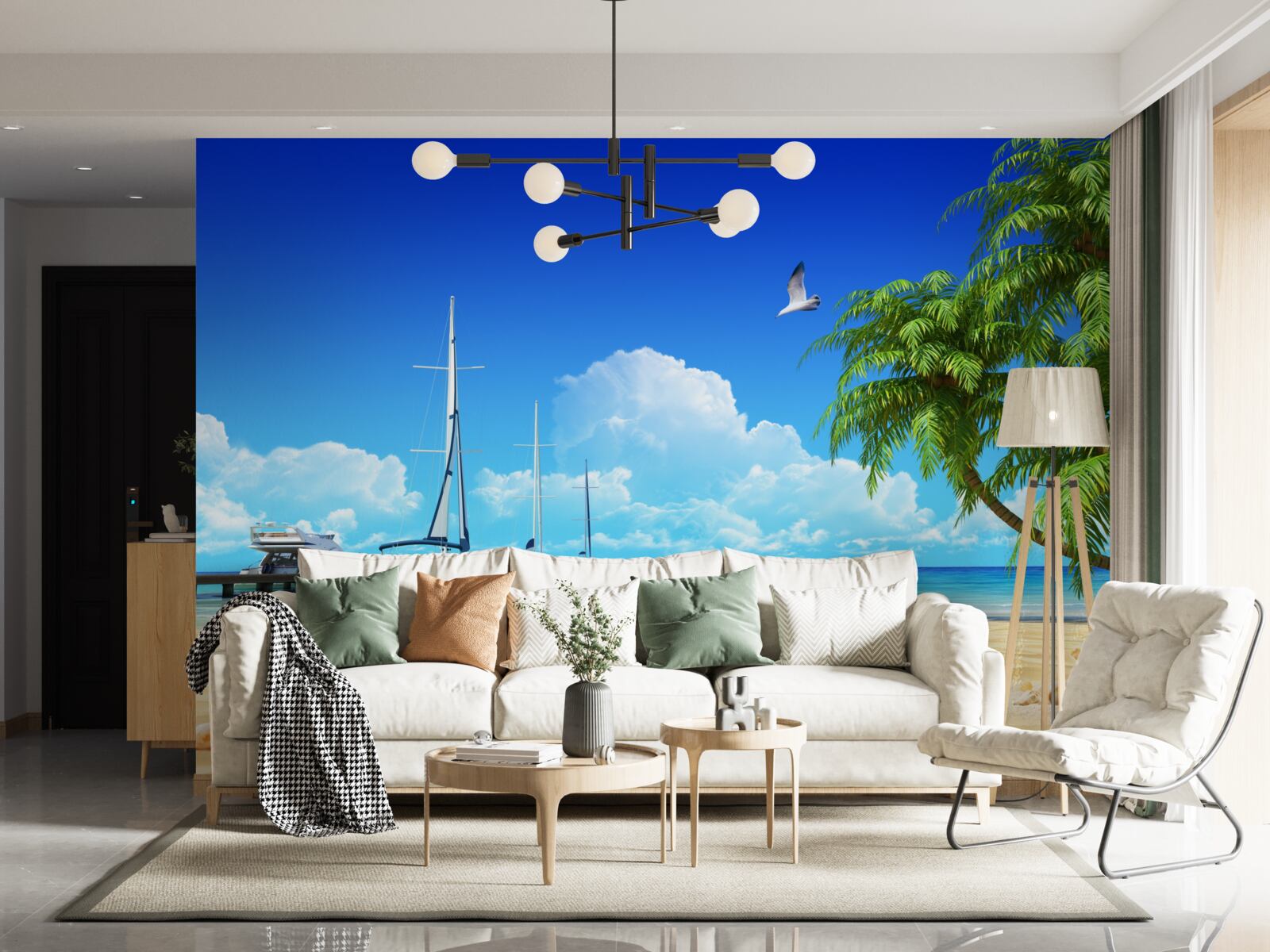 Fototapeta Na móle na pieskovom pobreží sú člny