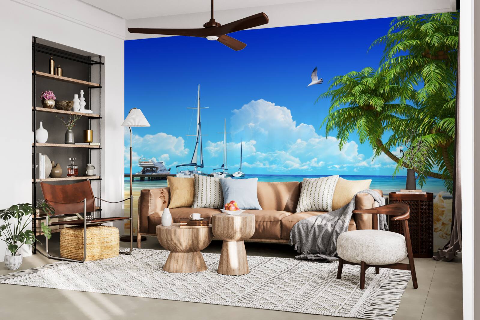 Fototapeta Na móle na pieskovom pobreží sú člny